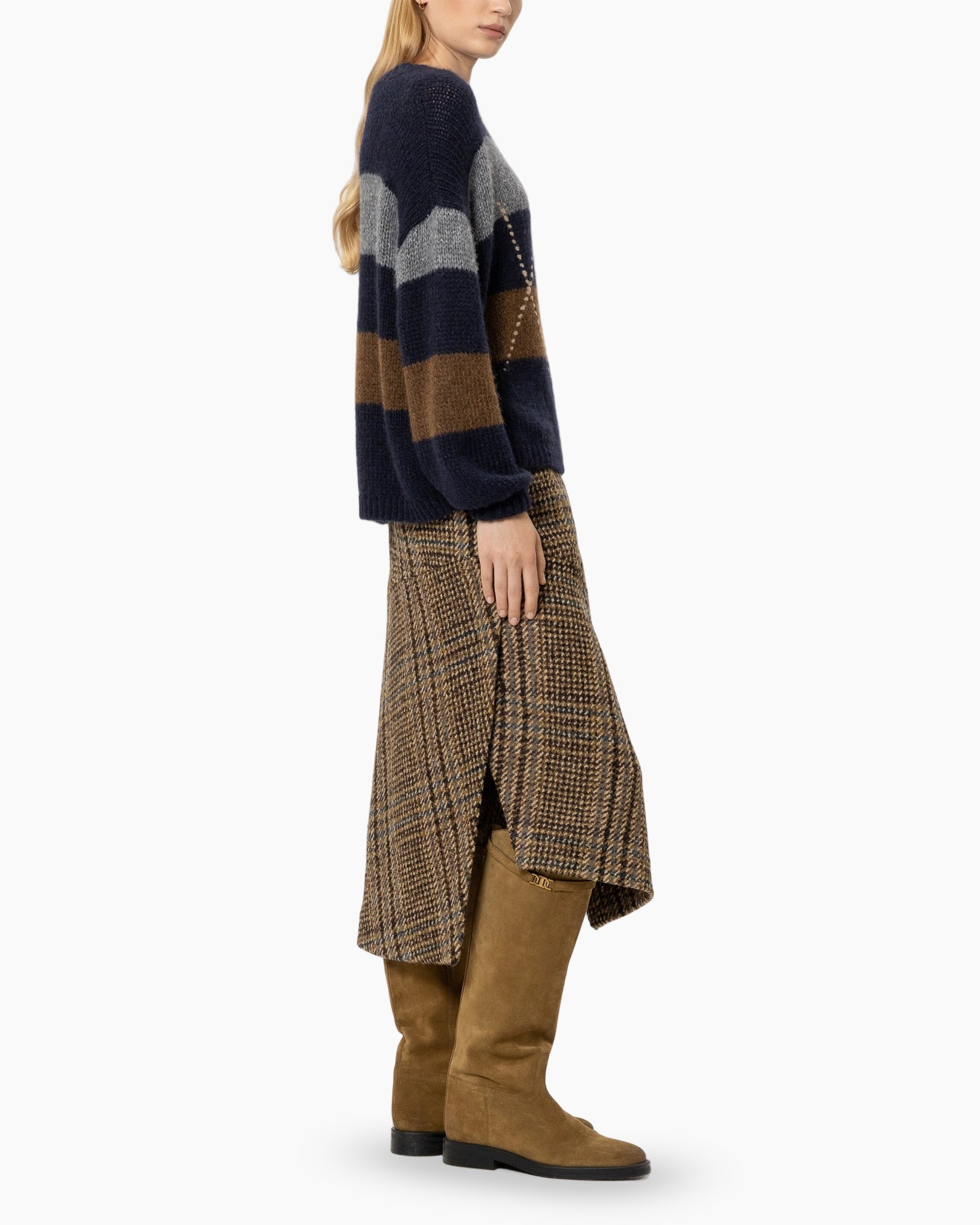 ruitkant rok, tweed, enkellengte, laarzen, trui