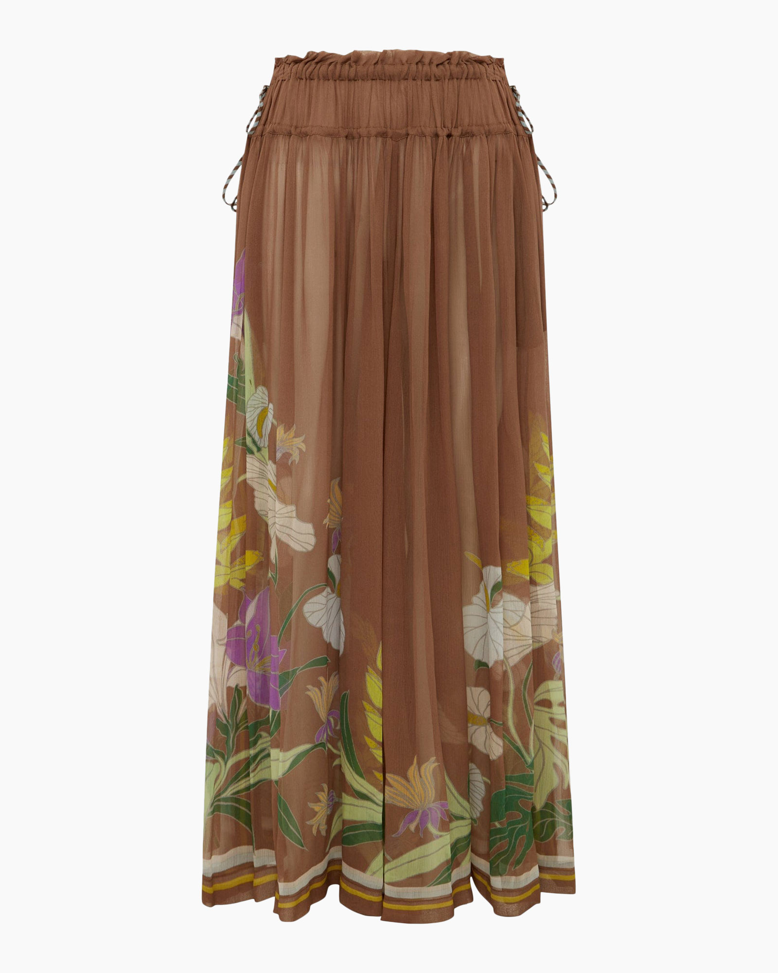 hortrokert, bruine rok, bloemenprint, doorschijnende stof, elastische taille