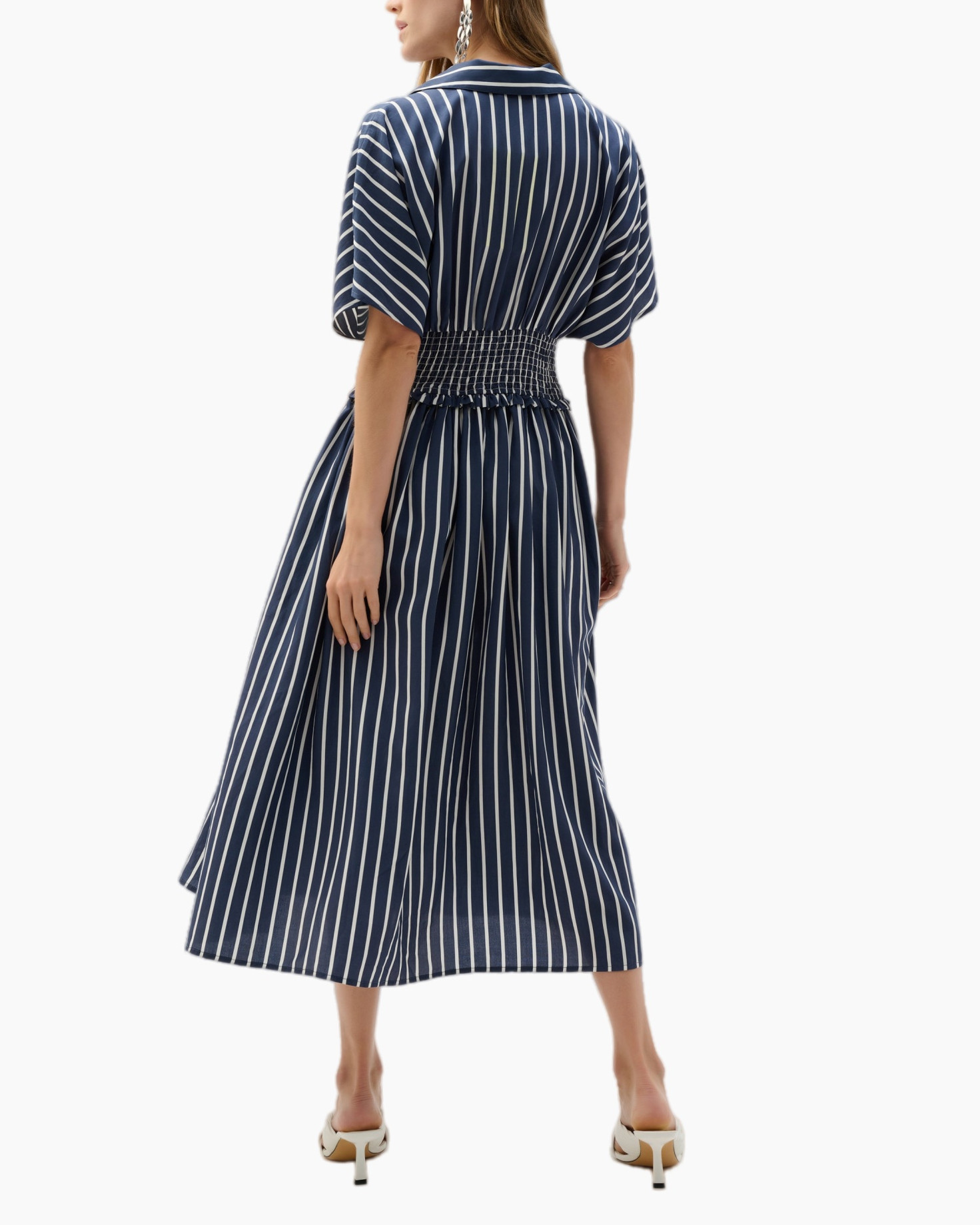 jurk, maxi jurk, marineblauw, gestreept, gerimpelde taille