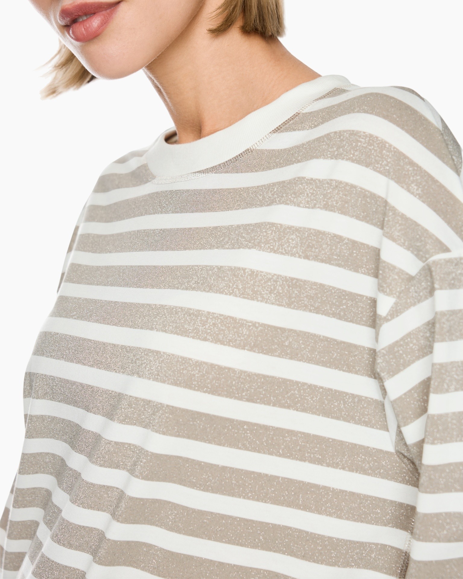gestreepte top, lange mouwen, kraagloze/crew neck, beige-wit, glitter strepen