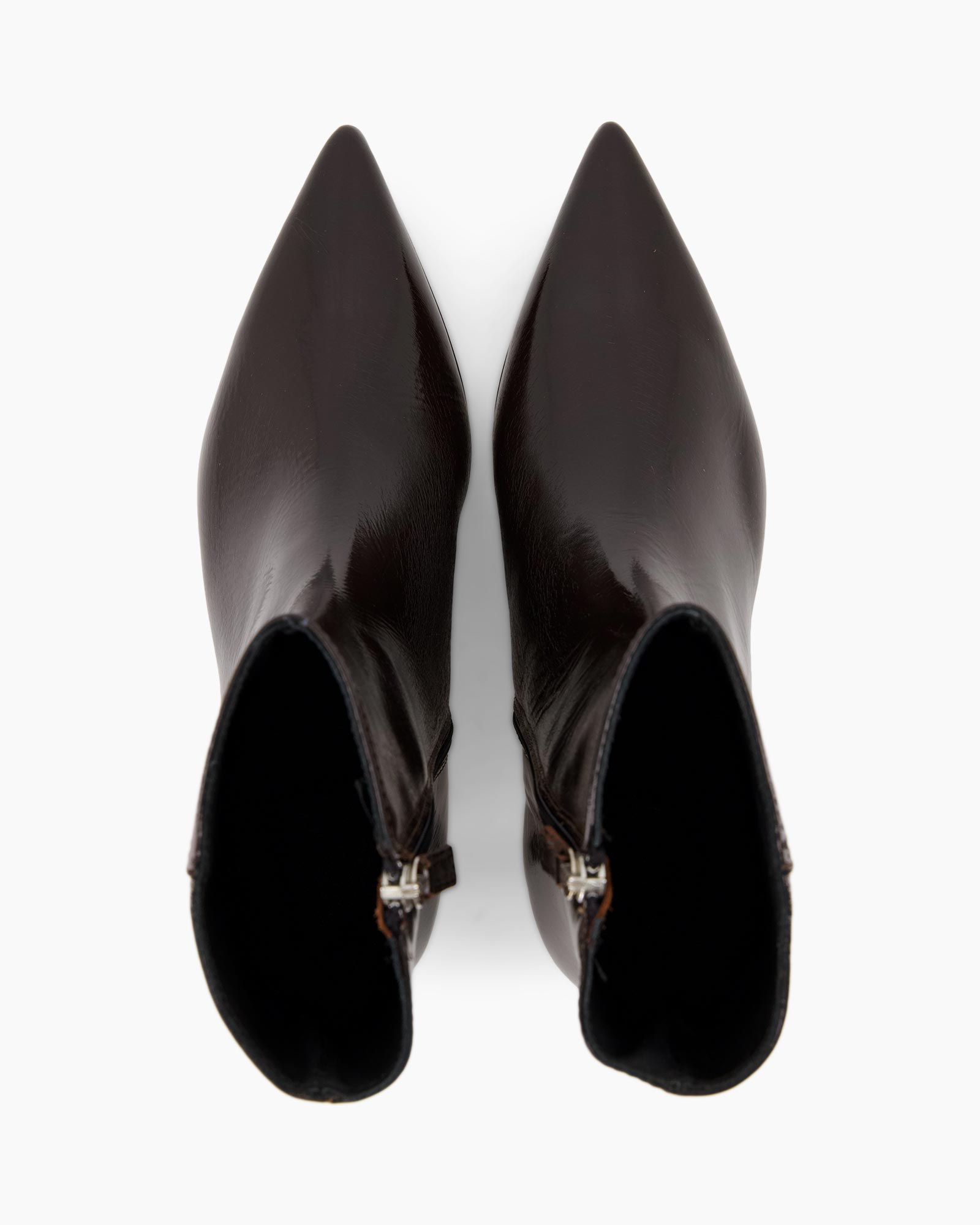 enkelboots, leer, bruin, puntig punt, rits