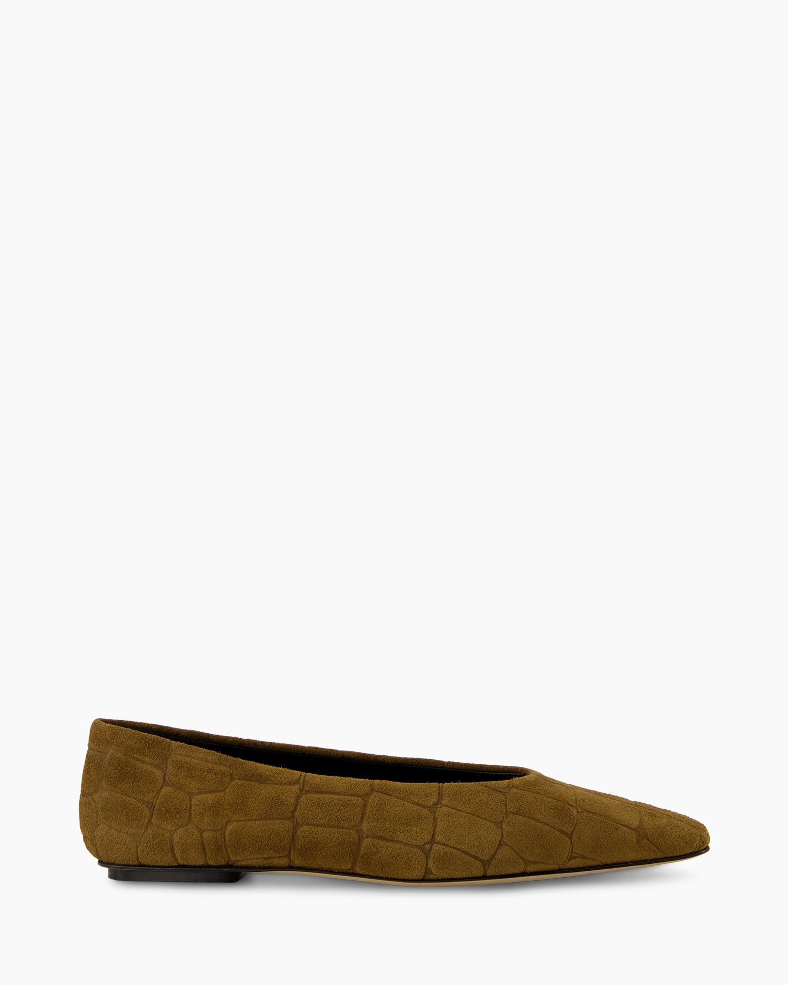 schoen flat, ballet flat, bruine suède, kroko-embossed, slip-on