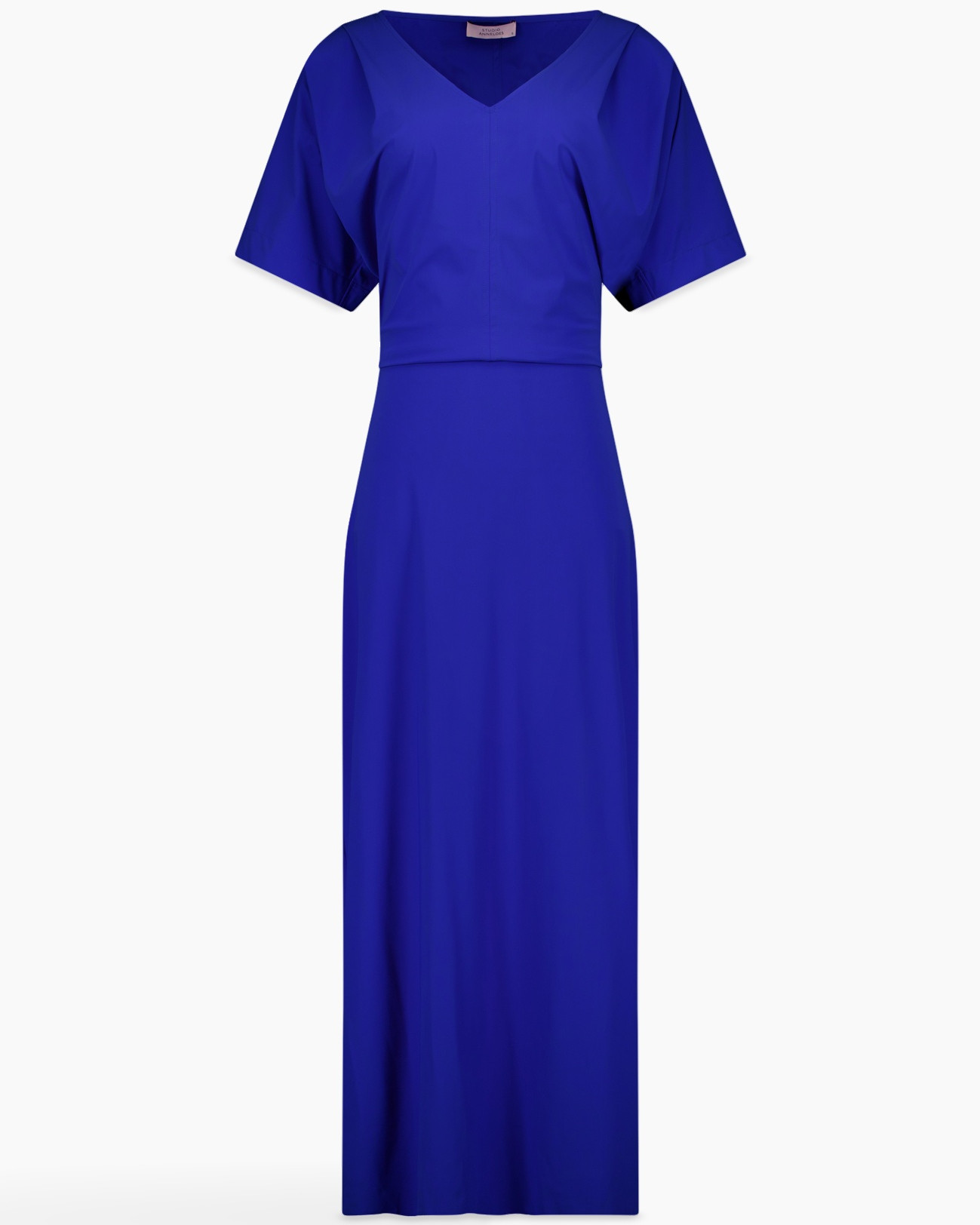 maxi jurk, koningsblauw, korte mouwen, V-hals, vloerlengte