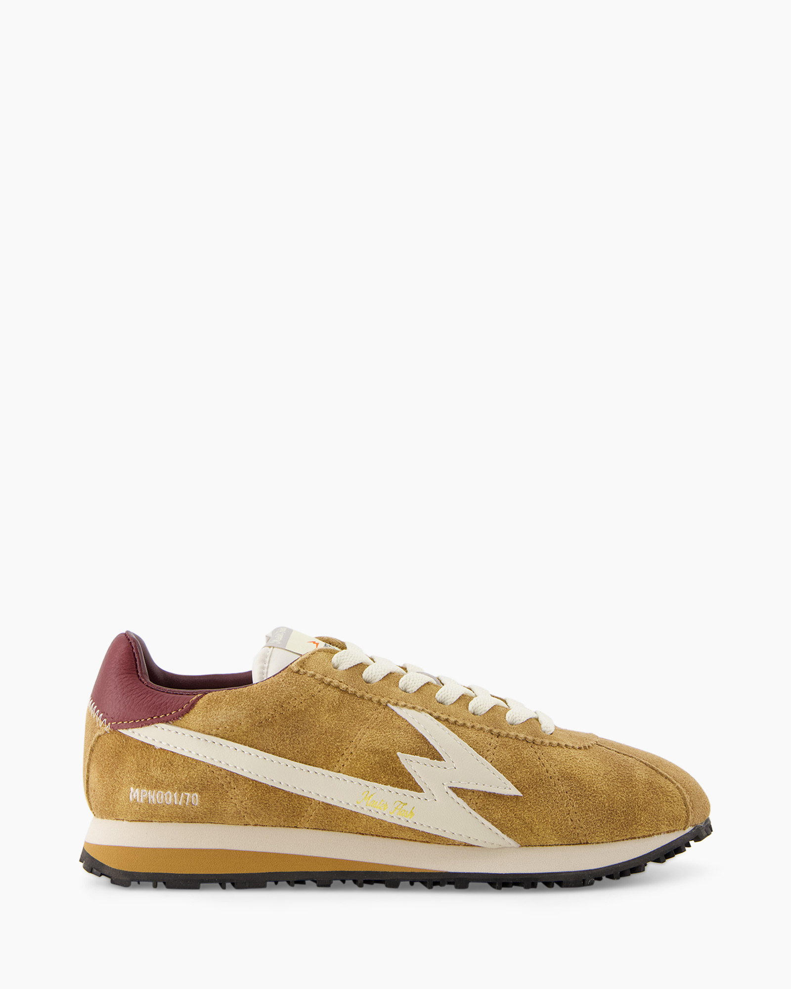 sneaker, suede, goud, witte-accenten, laag-sneaker