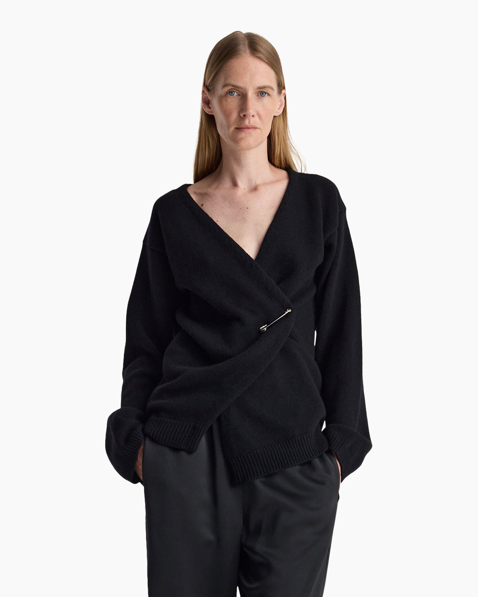 breipullover, omslagtrui, zwart, lange mouwen, asymmetrische wrap