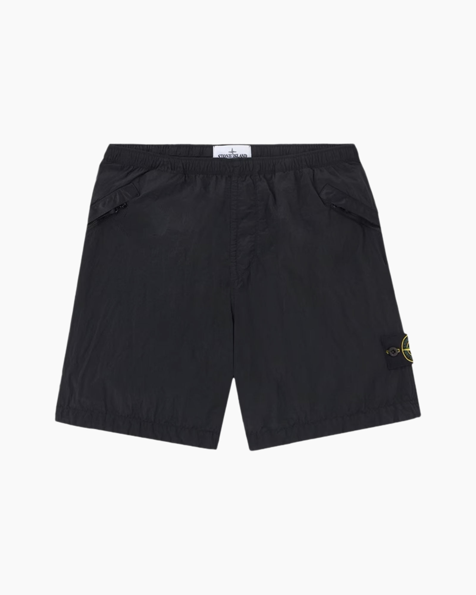 shorts, black, elastic waistband, pocket, logo patch