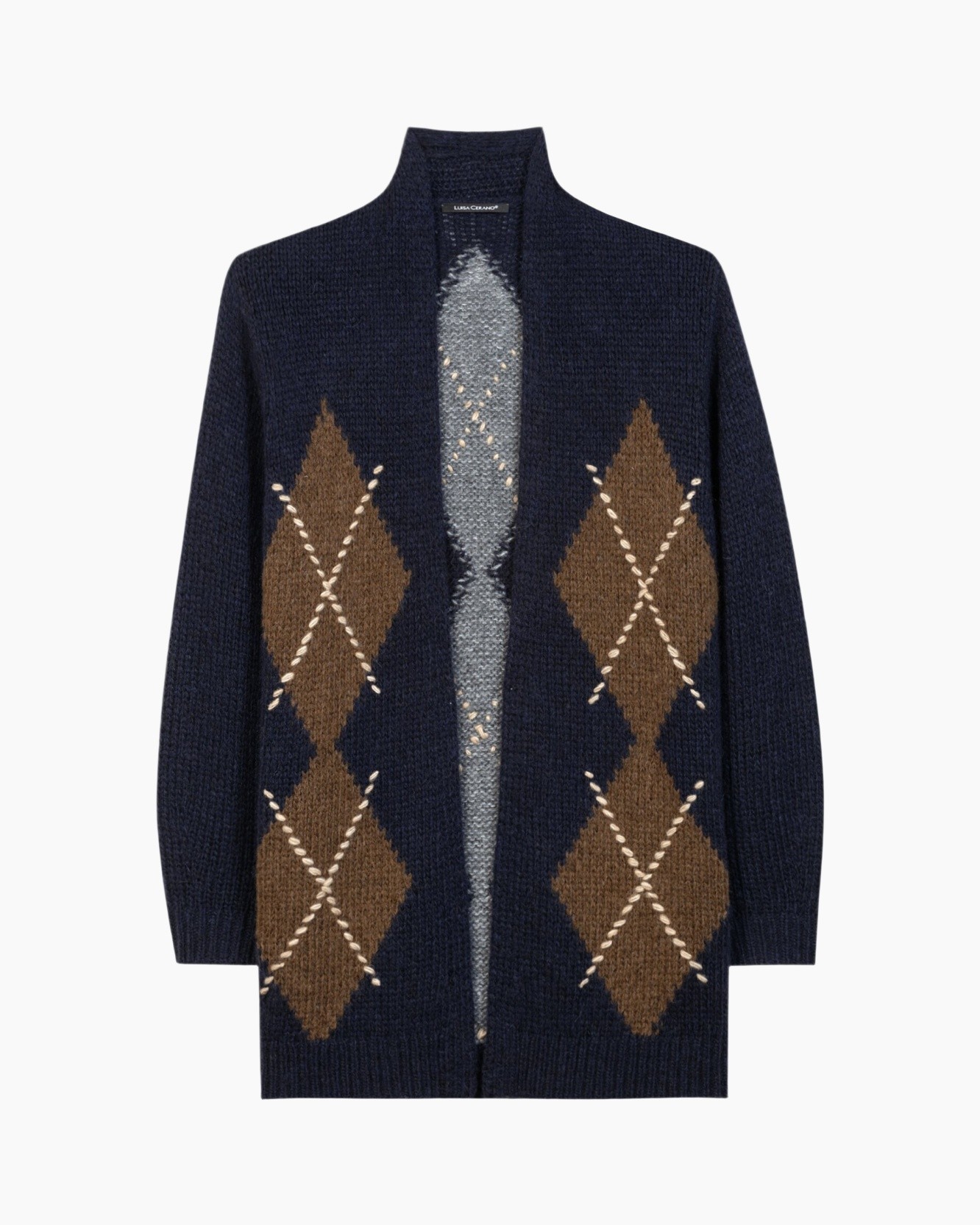 cardigan, argyle, gebreid, navyblauw, open-gelegd