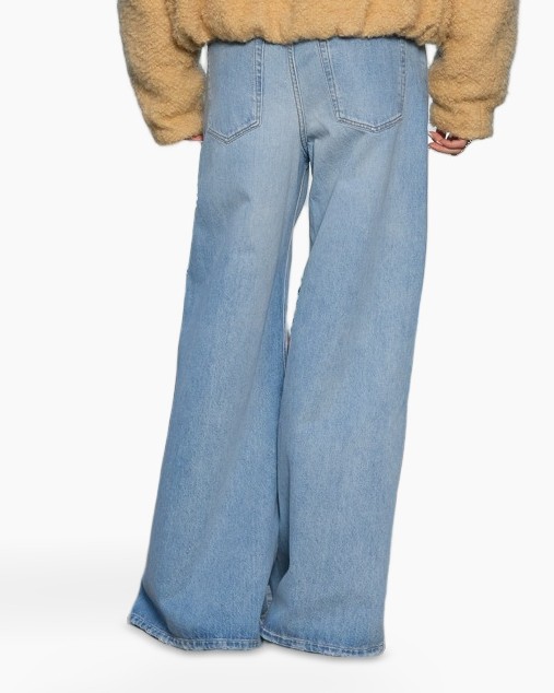 wijd broek, lichtblauw, denim, spijkerbroek, uitlopende zits