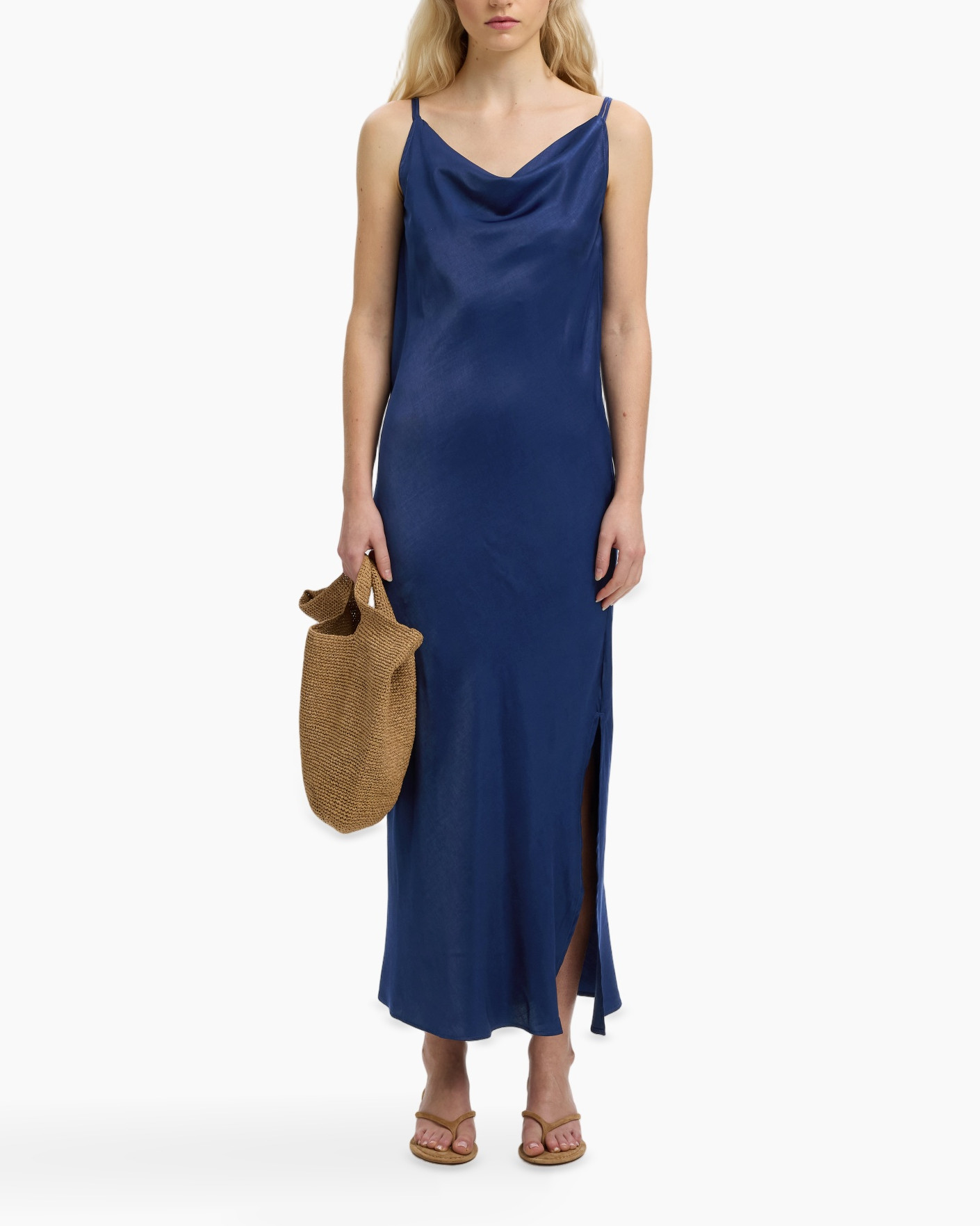 dress, slip dress, sleeveless, cobalt blue, side slit