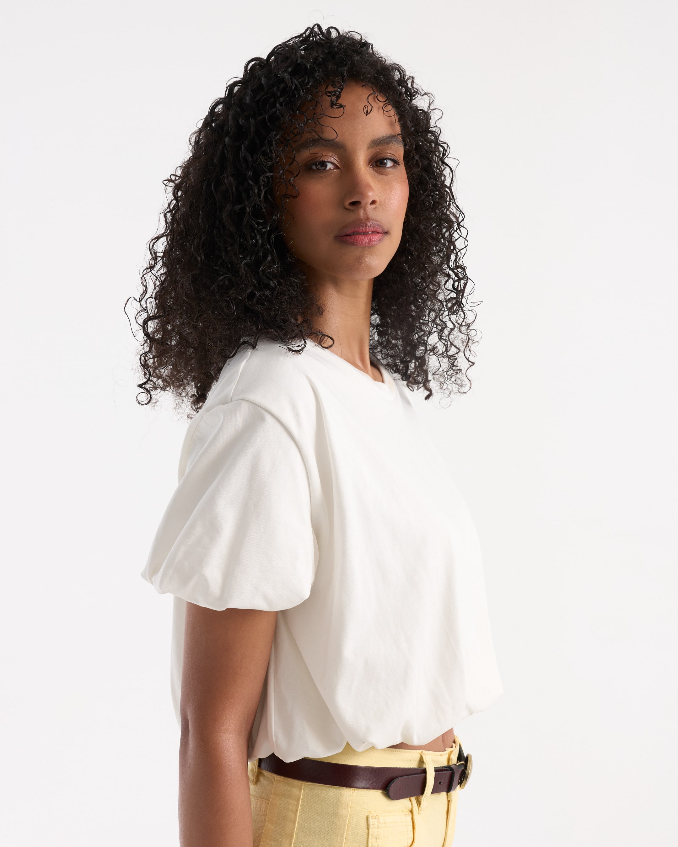 top, short sleeve, white, cotton, belted