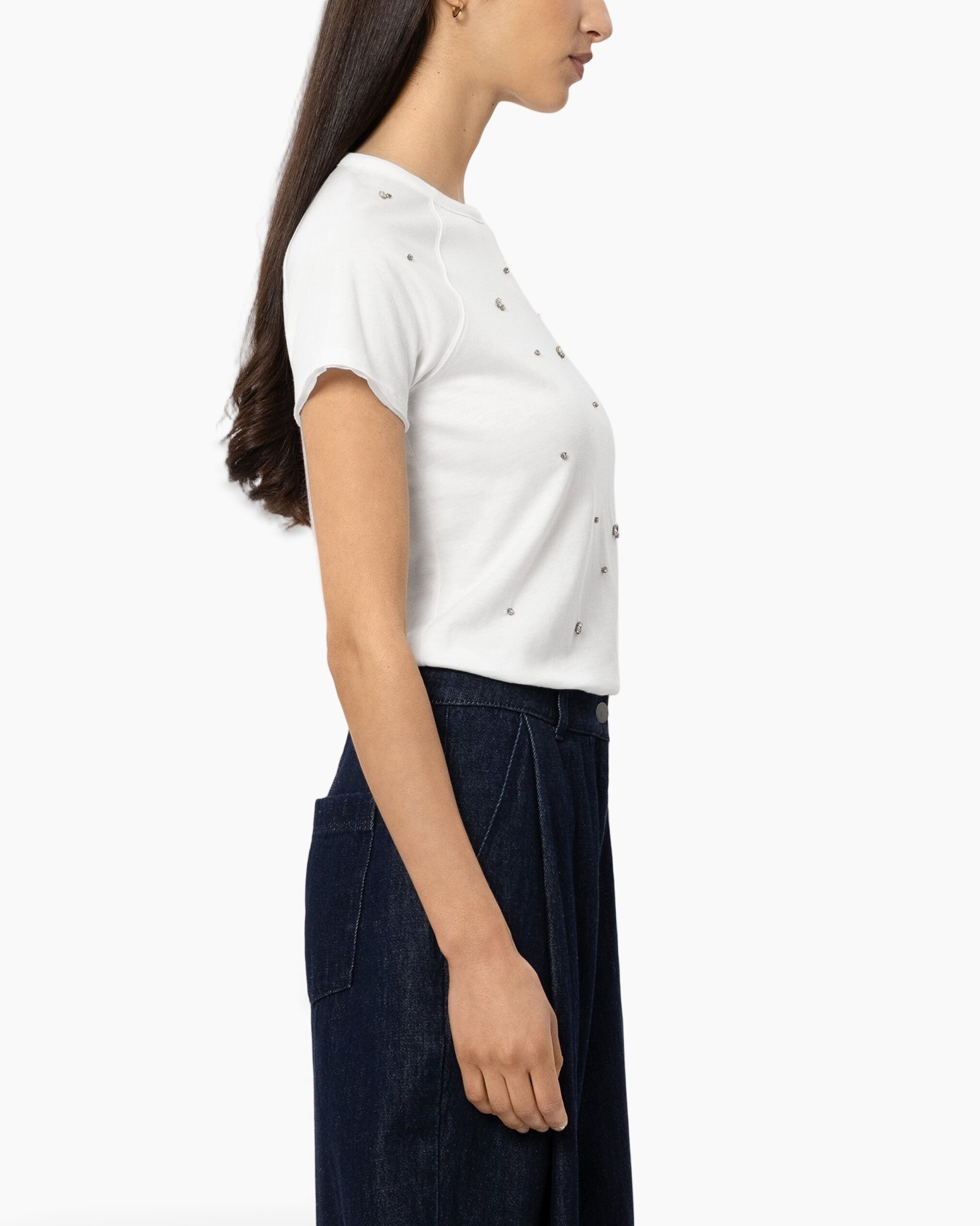 t-shirt, wit, korte-mouw, versieringen, denim-broek