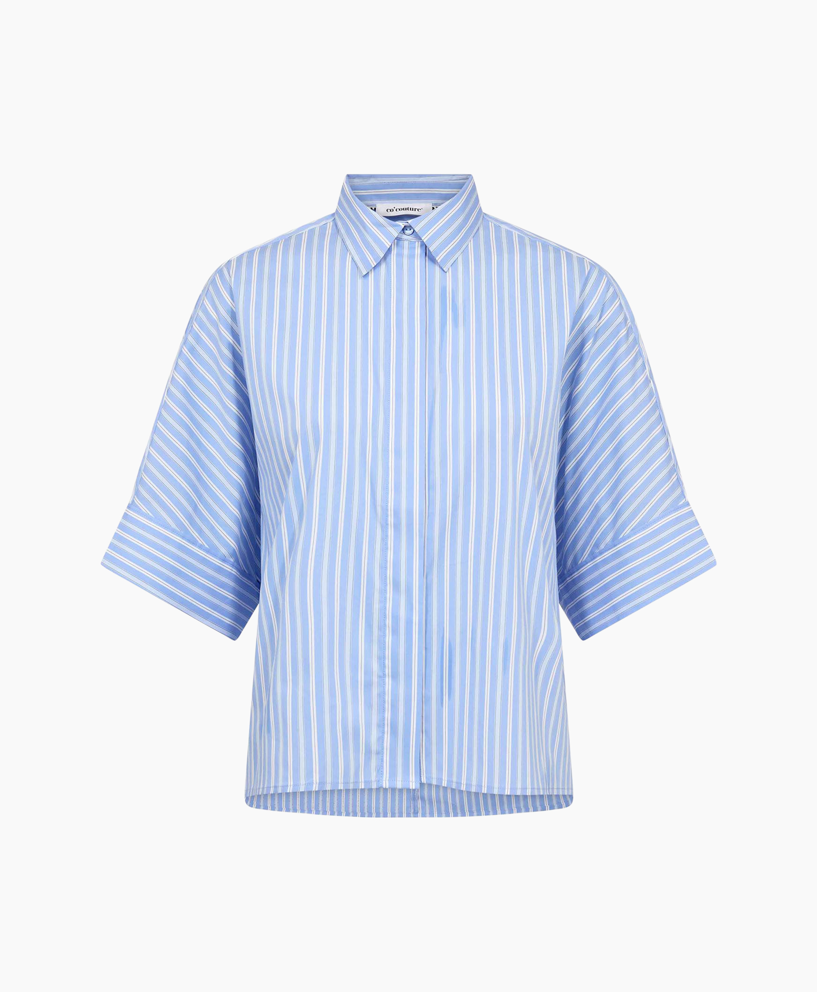 gestreepte blouse, blauwe blouse, kraag blouse, korte mouwen, verticale strepen