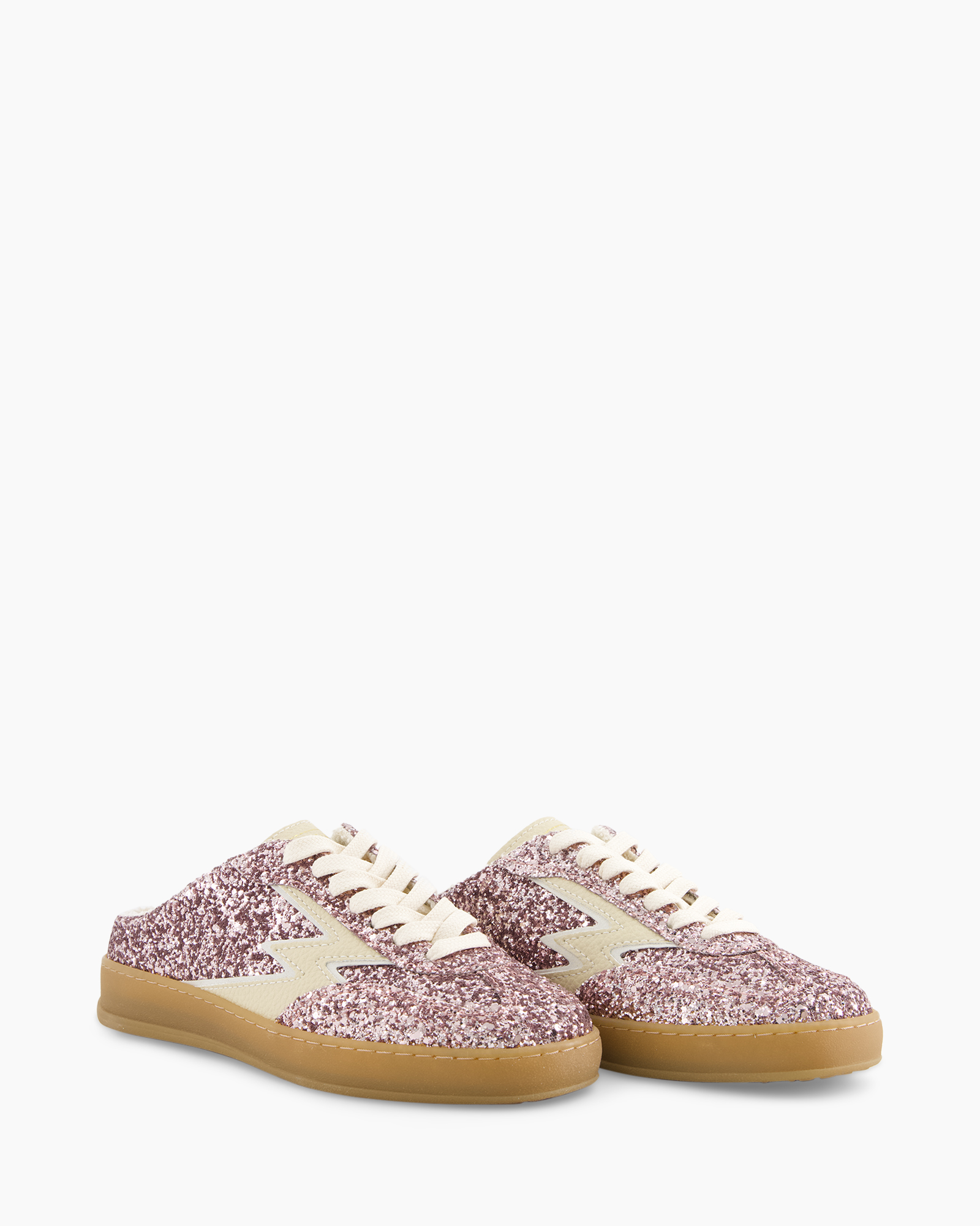 glitter sneakers, low-cut, laces, gum sole, pink