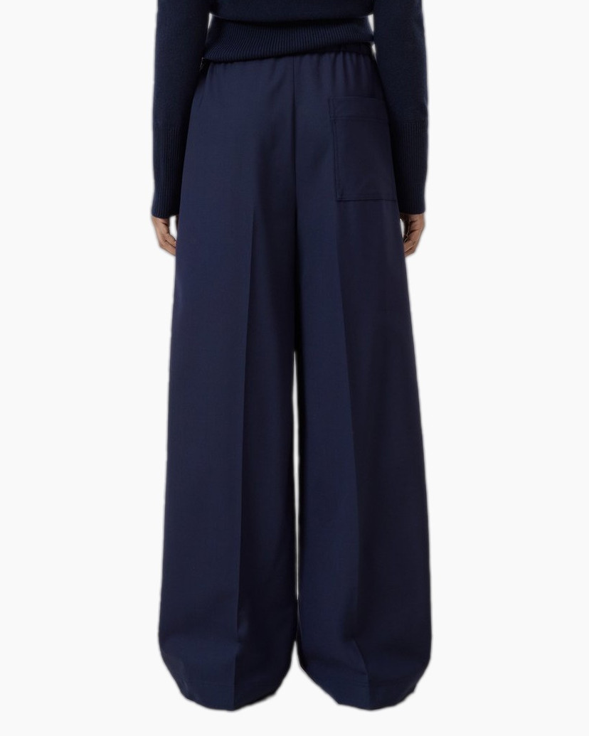 navy pants, wide-leg, pleated, drawstring, casual pants