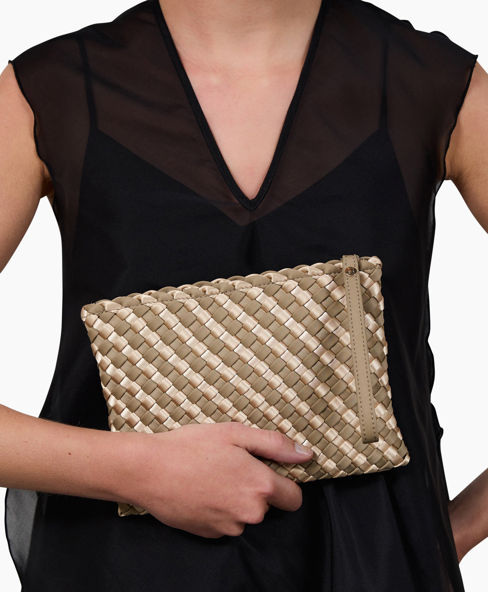 clutch, geweven, beige, portemonnee, riem-detail