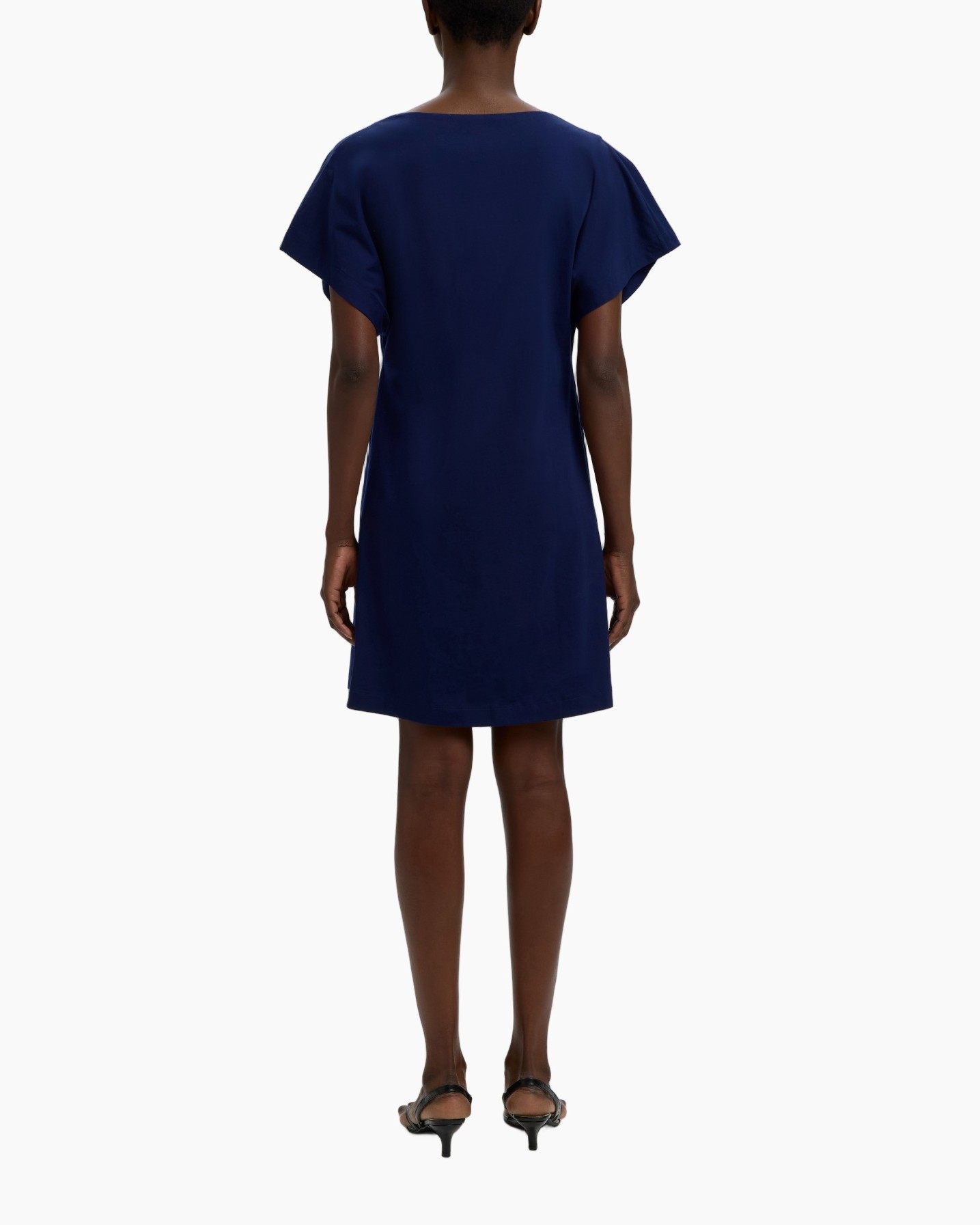 jurk, korte mouwen, knee-lengte, effen kleur, marineblauw