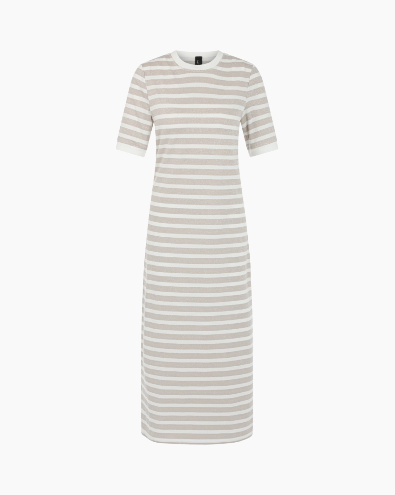 gestreepte jurk, lange jurk, beige strepen, korte mouwen, midi/maxi jurk