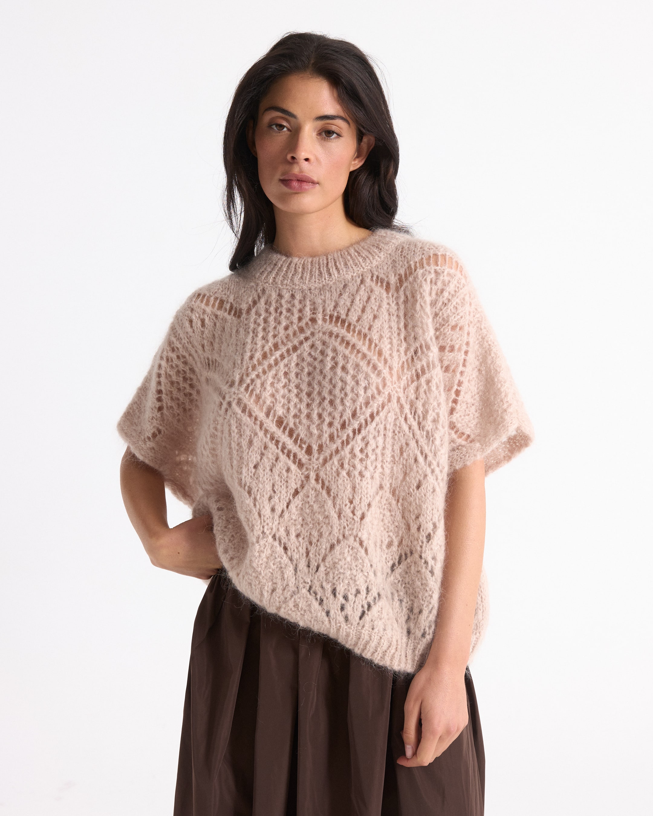 poncho gebreid, gebreid patroon, zacht beige, oversized top, lose pasvorm