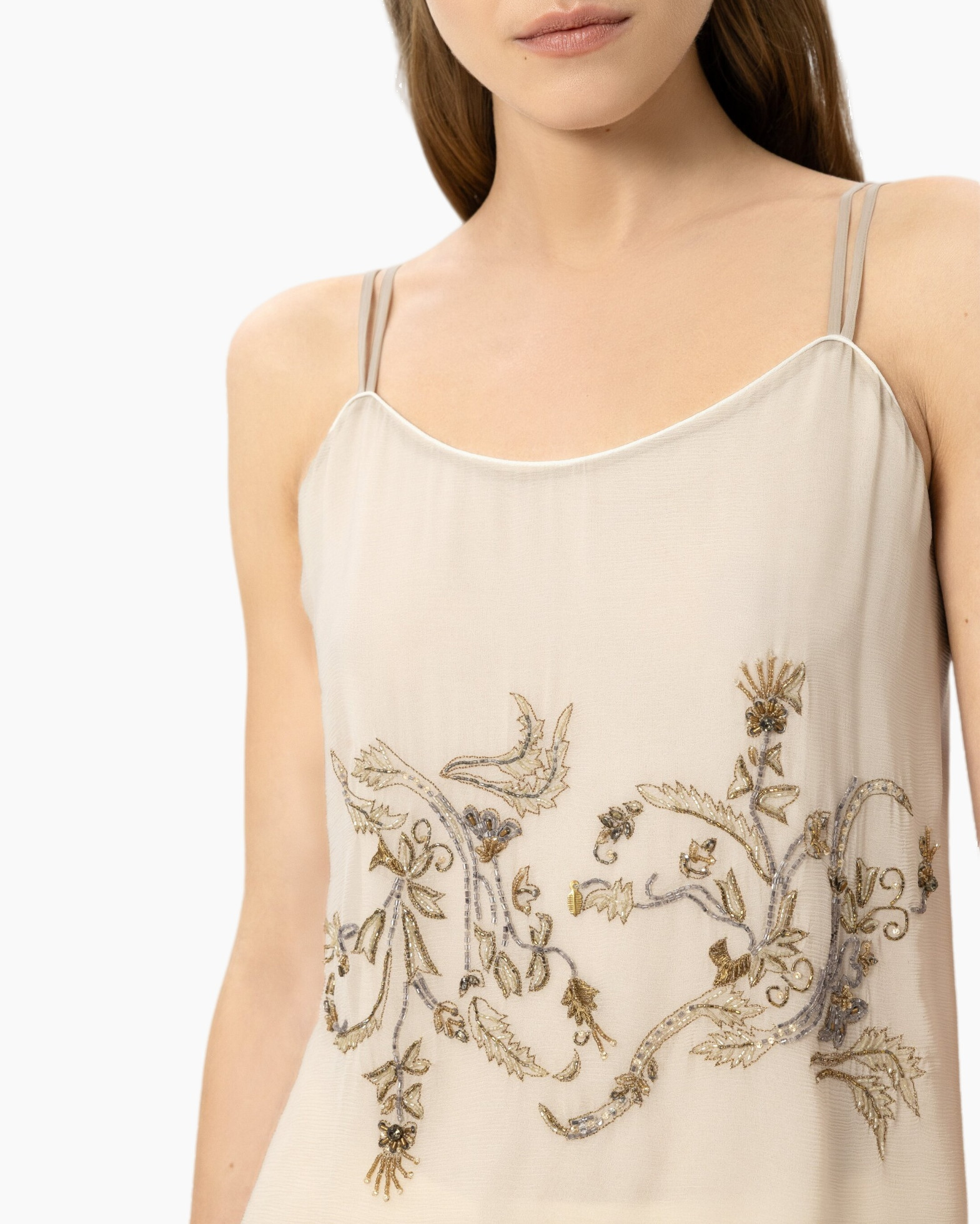 beige, borduurwerk, mouwloos, tanktop, floraal