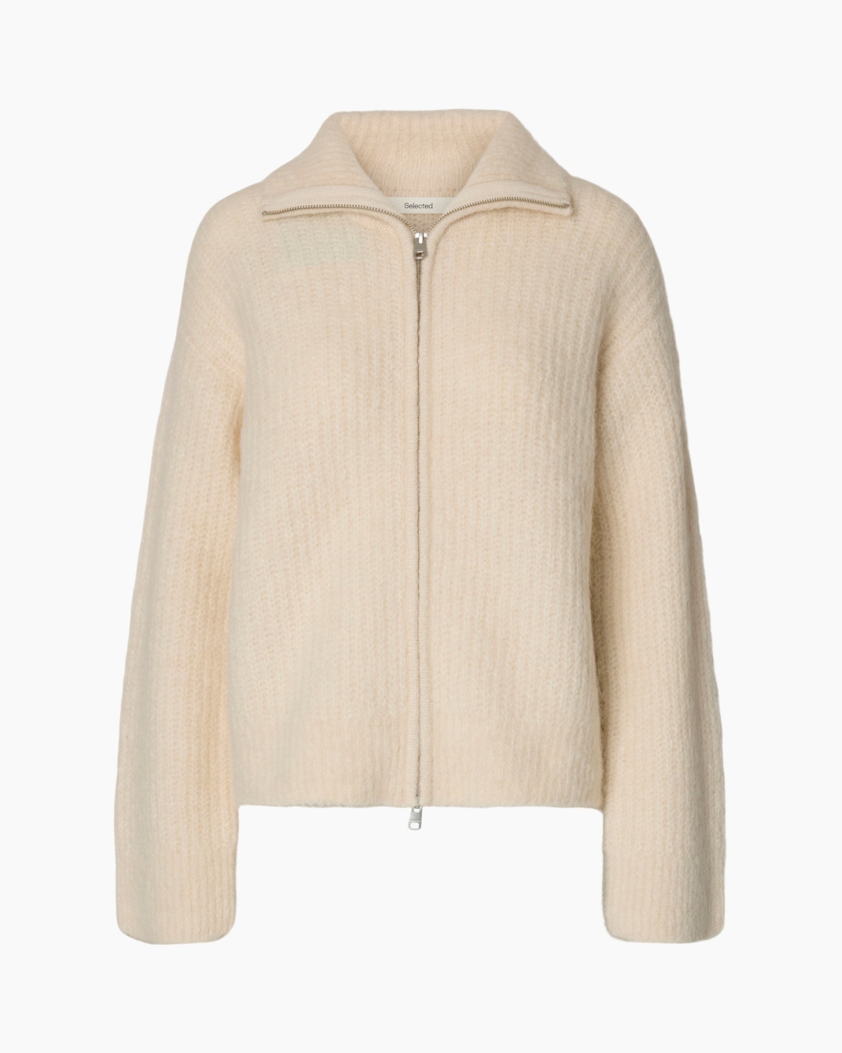 cardigan, rits, beige, gebreid, kraag