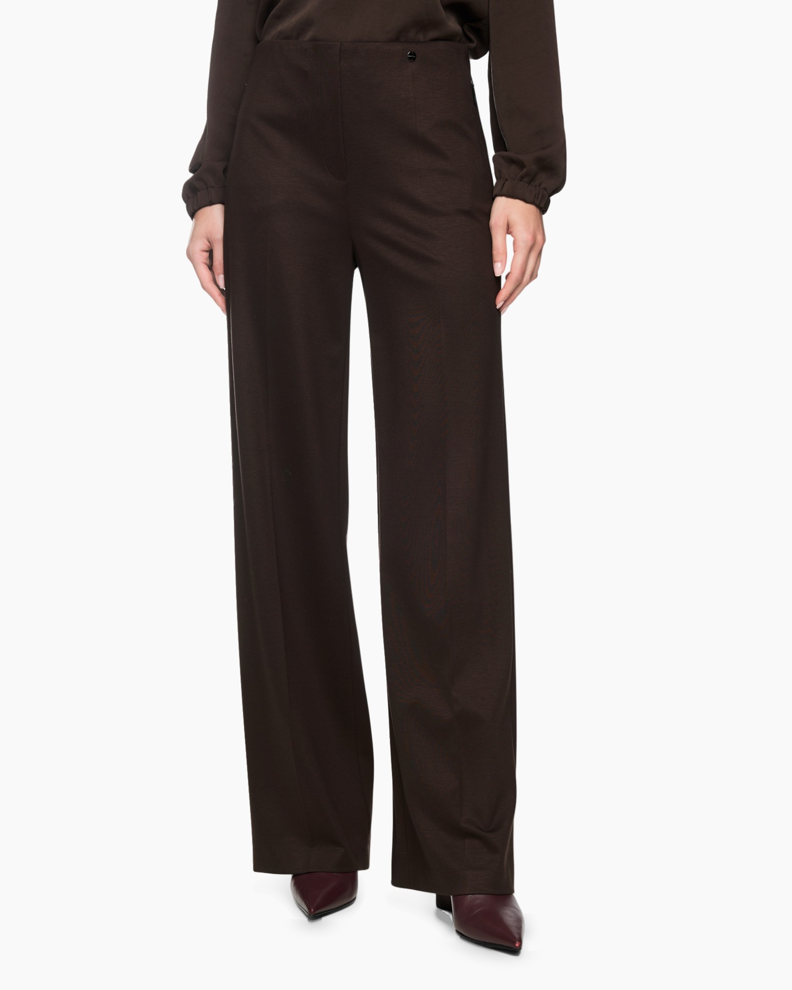 broek met wijde pijpen, donkerbruin, hoge taille, getailleerd