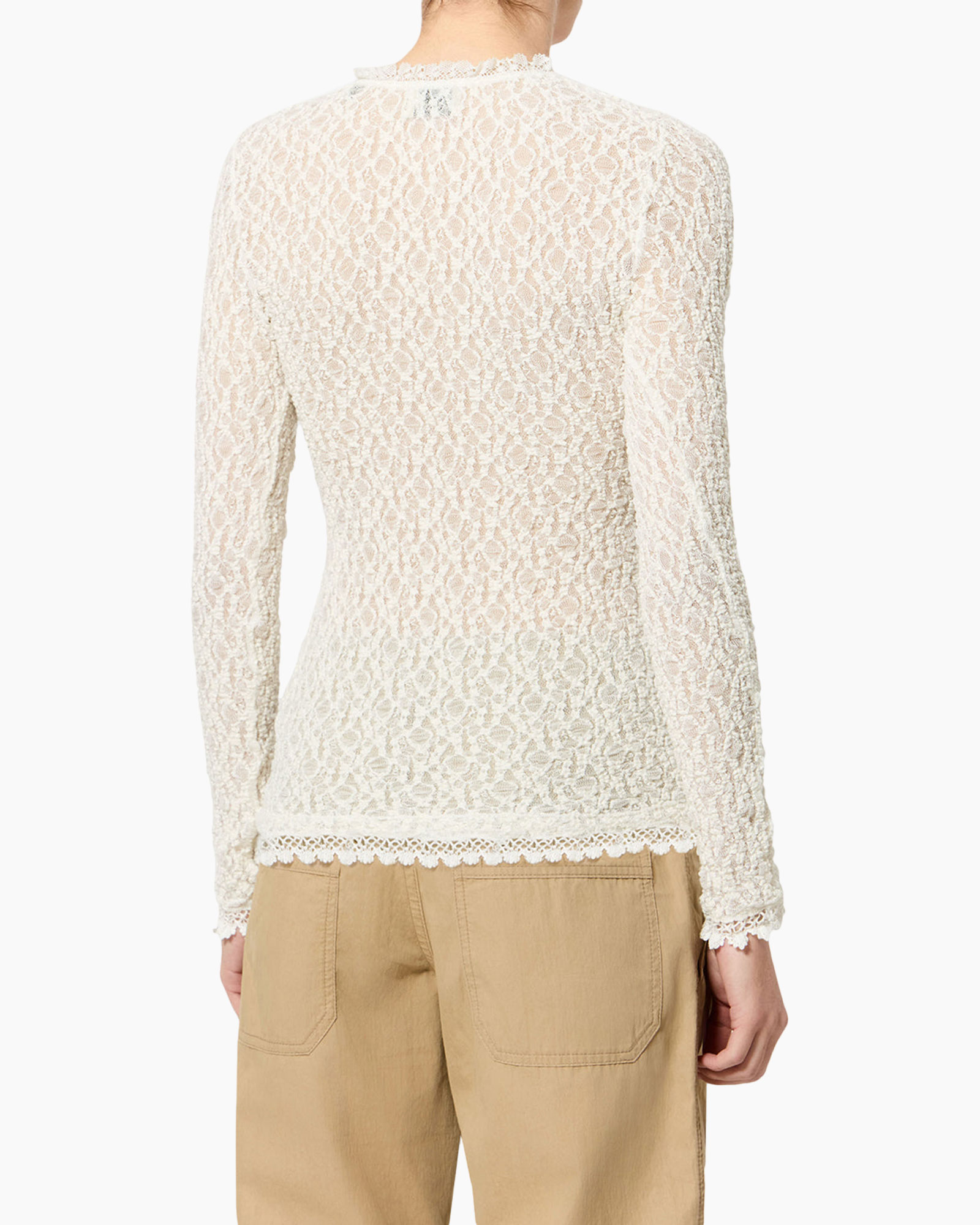 top dentelle, manches longues, col haut, couleur crème, semi-transparent