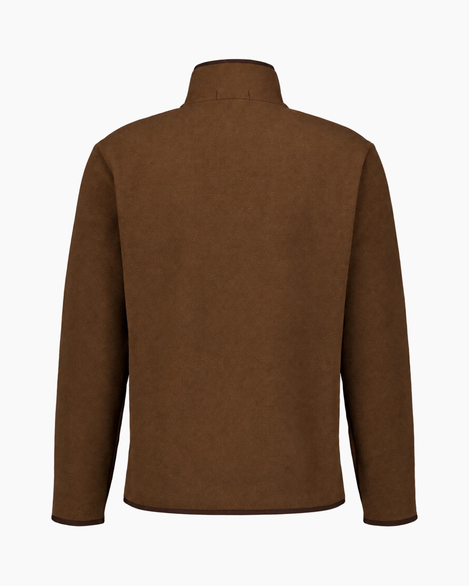 bruine pullover, fleece trui, opstaande kraag, drukknoopsluiting, geborduurd logo