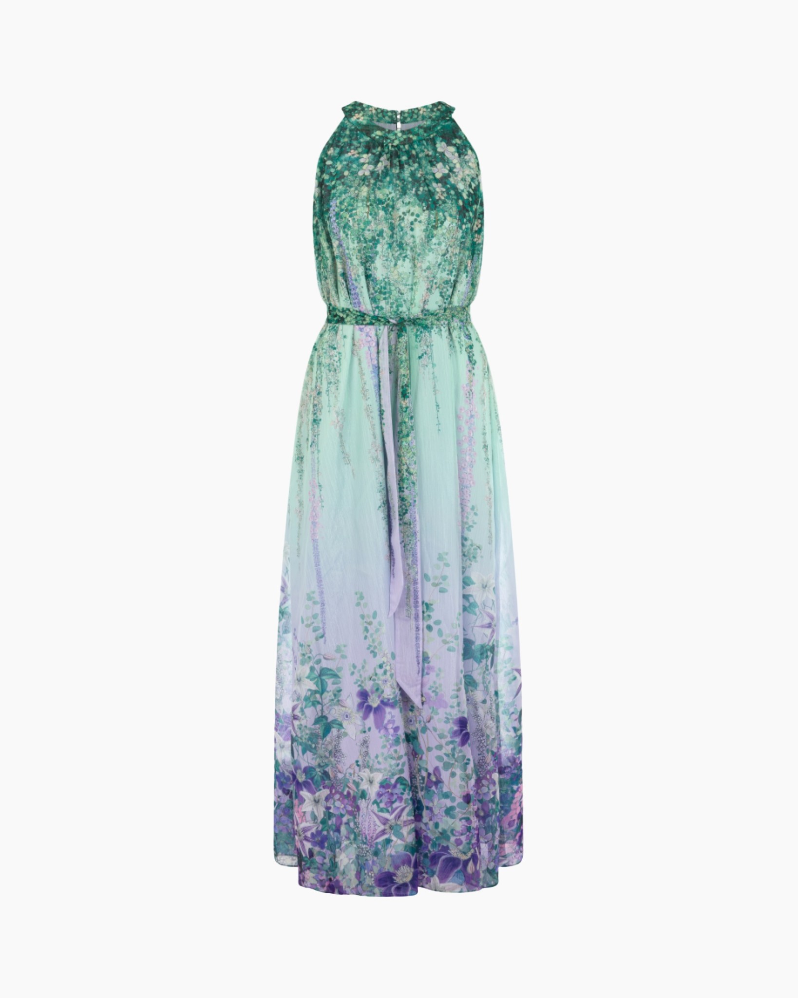 maxi jurk, bloemenprint, groen paars, getailleerde taille, schoudersvrij