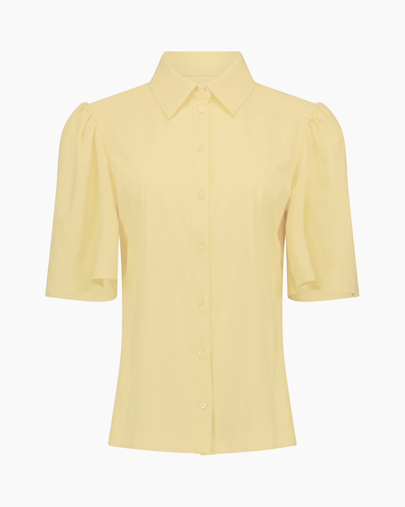 blouse, knopen blouse, korte mouwen, pofmouwen, lichtgeel