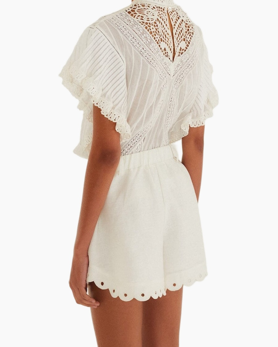 white, lace, top, shorts, embroidered