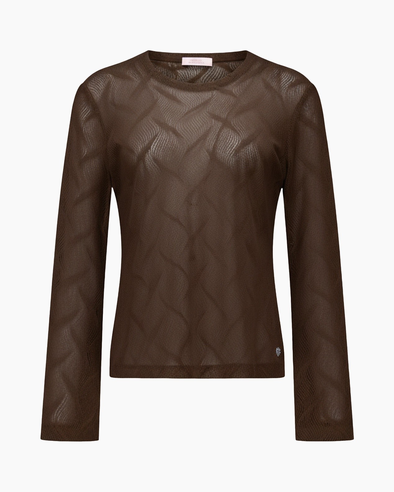 top mesh, bruine trui, lange mouwen, doorschijnende stof, textured brei