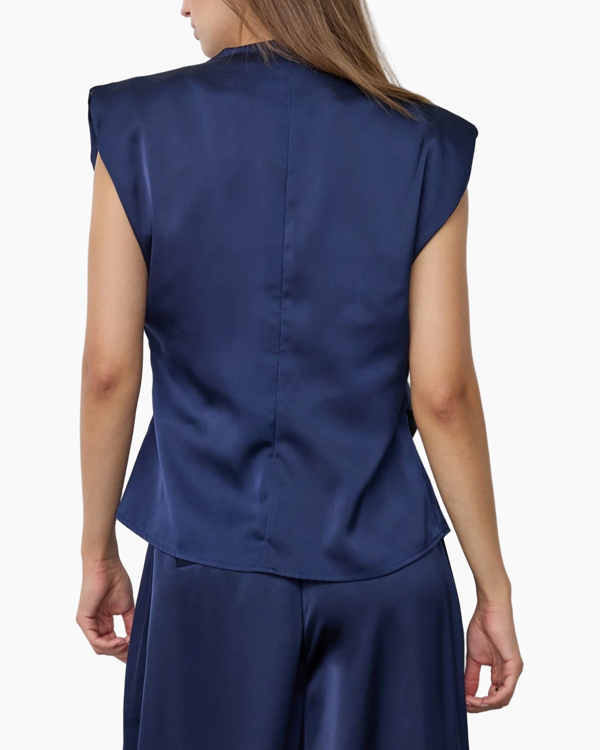 Navyblauwe blouse, Satijnstof, Gedrapeerde halslijn, Kapmouwtjes, Strikceintuur