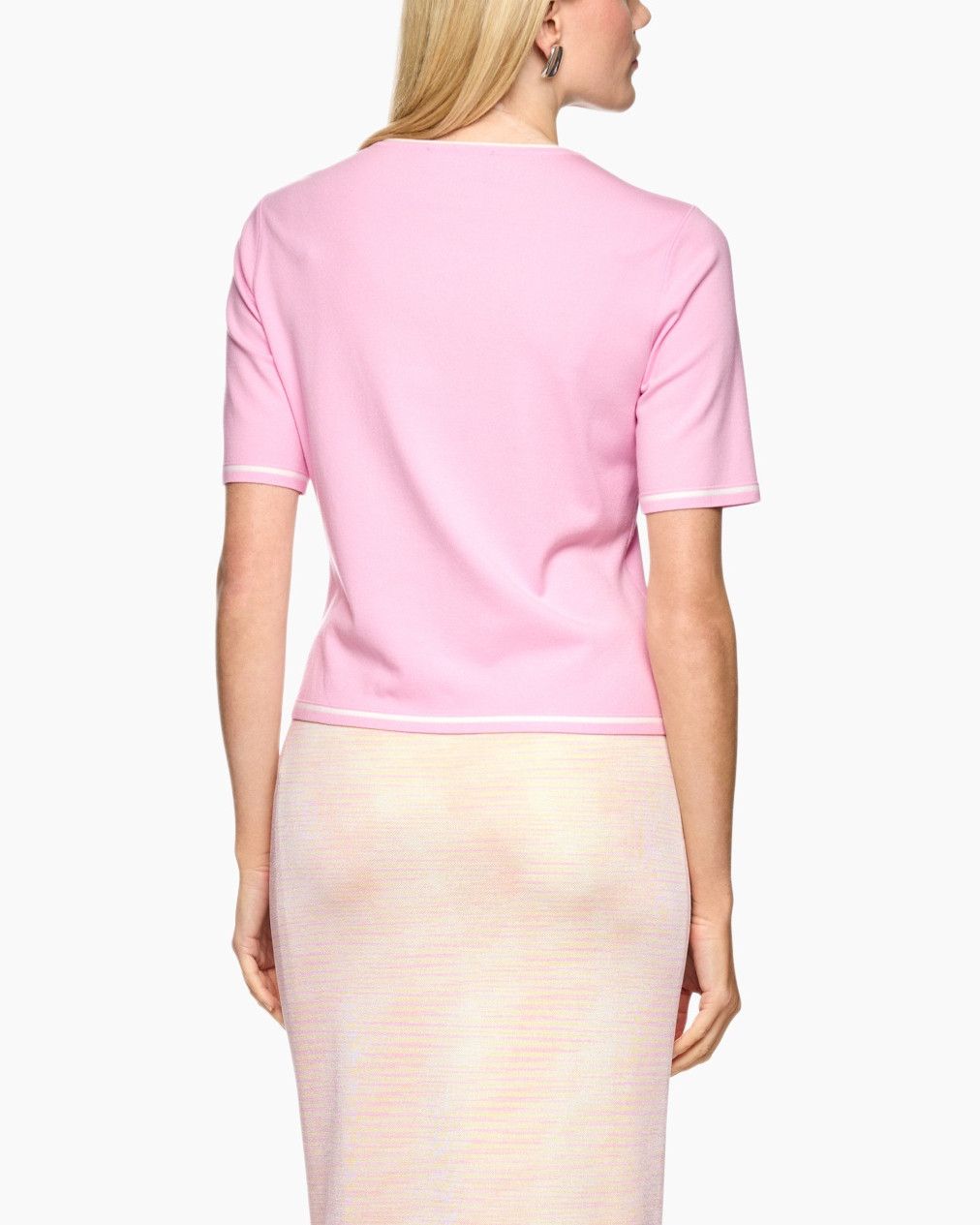 pink top, short sleeves, crew neck, soft knit, solid color