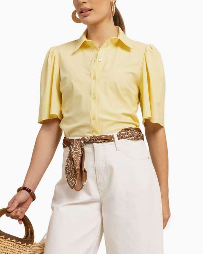 geel overhemd, pofmouw, knopenblouse, kraag, bandana