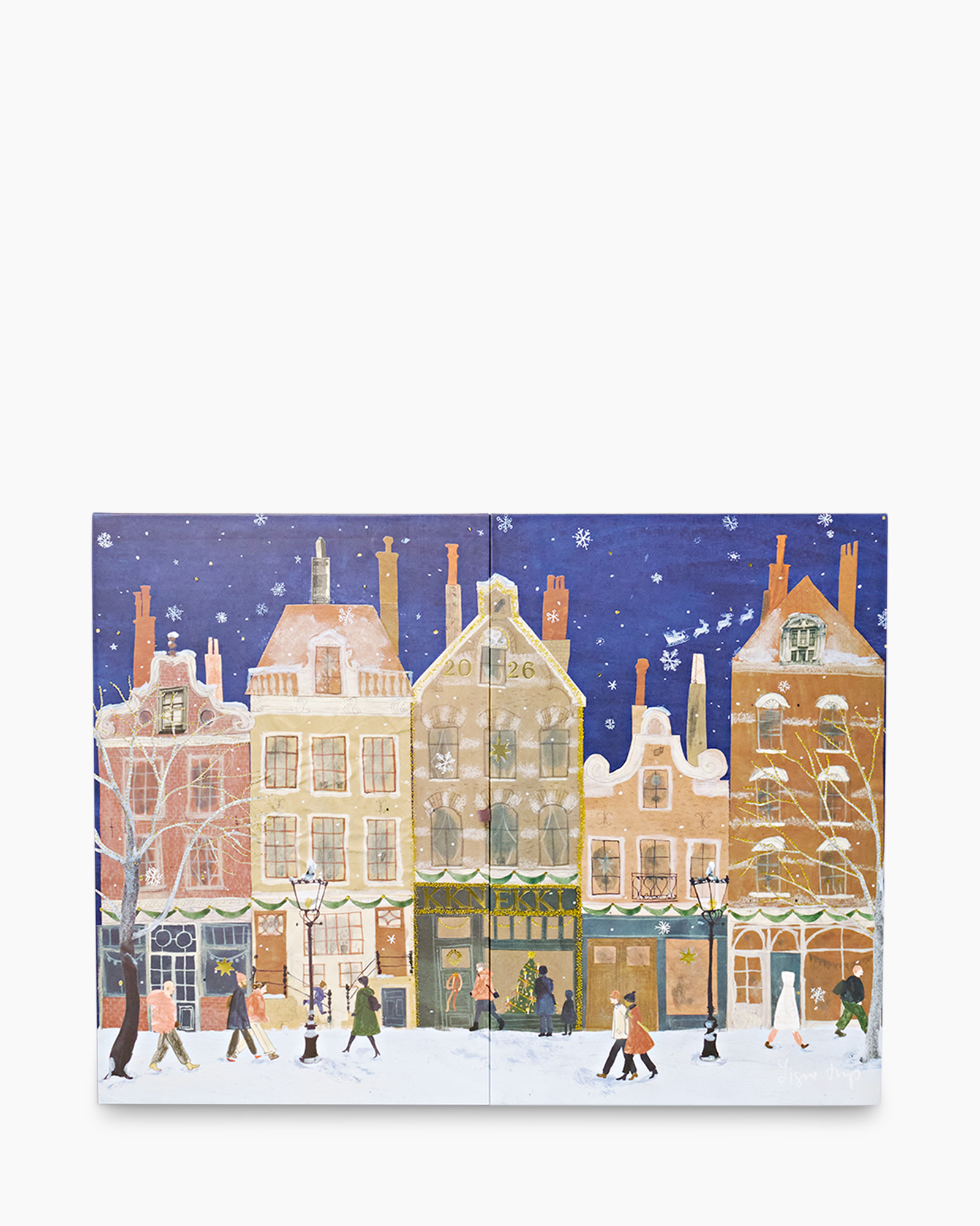 sneeuwachtig dorp, stadsgezicht, adventskalender, twee panelen, wintertafereel