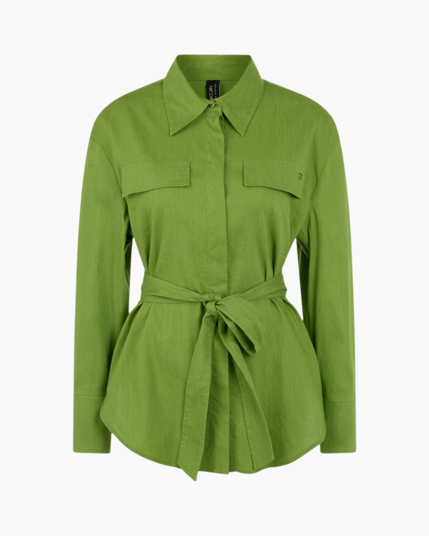 shirt, blouse, green, belted, long-sleeve