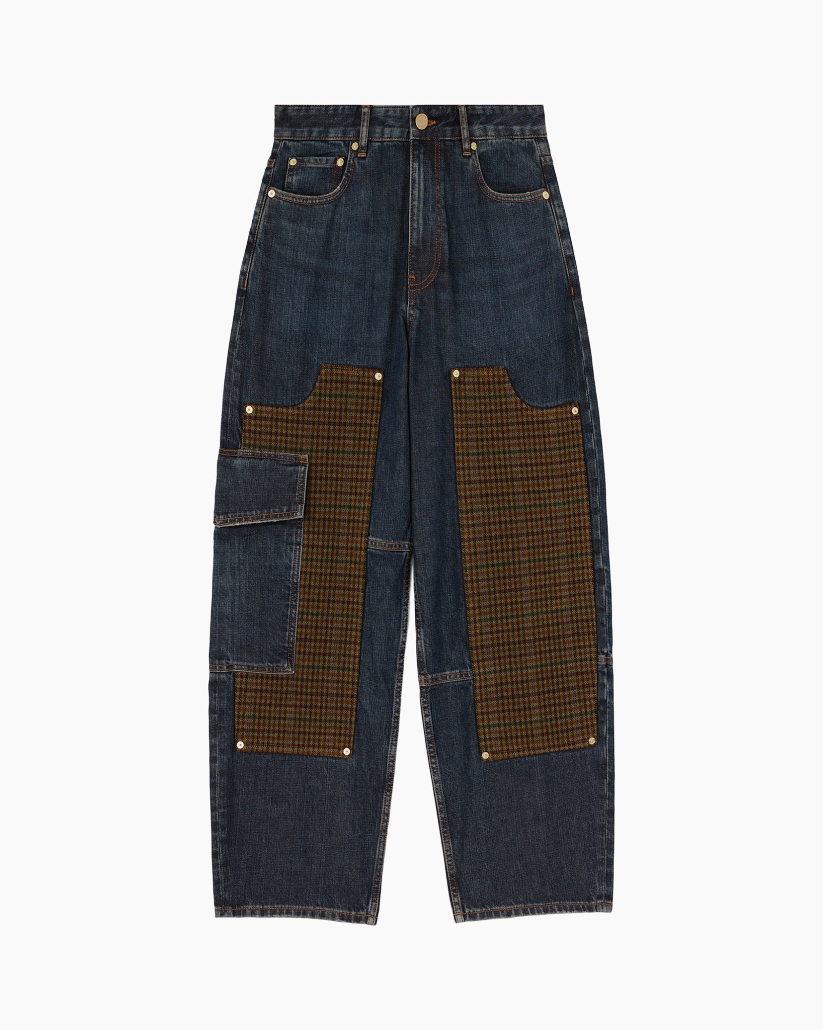 denim, broeken, patchwork, cargo zakken, blauw
