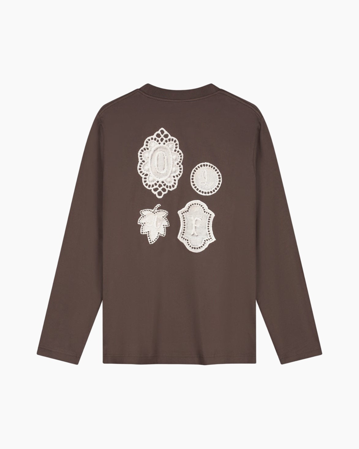 lange mouw, bruin, kantapplicaties, borduurwerk, t-shirt