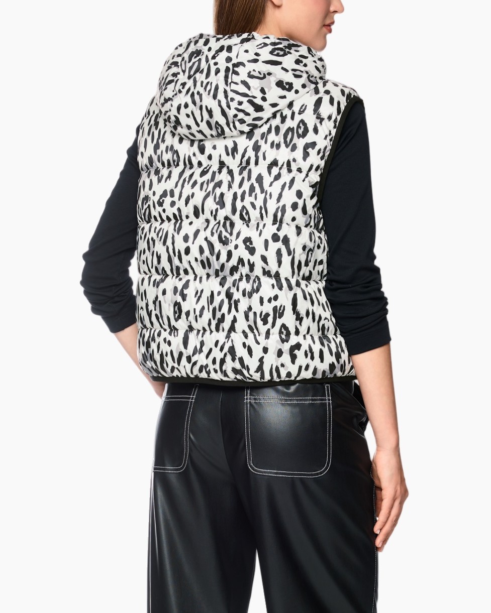 Gewatteerde vest, kattenprint, rits voorzijde, zwart wit, kraag kap