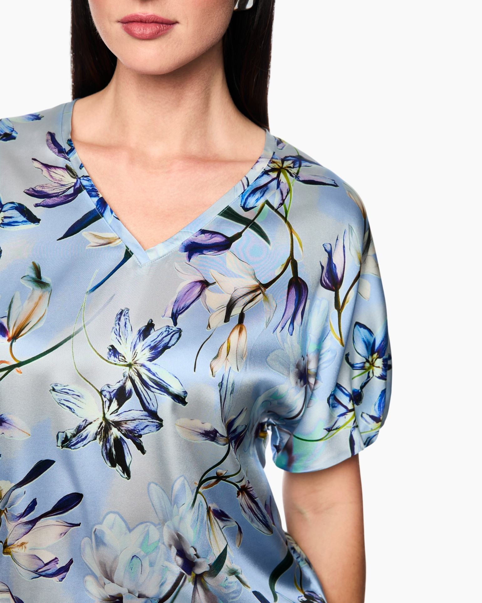 blouse, bloemenpatroon, v-hals, korte mouw, zijden/gladder materiaal
