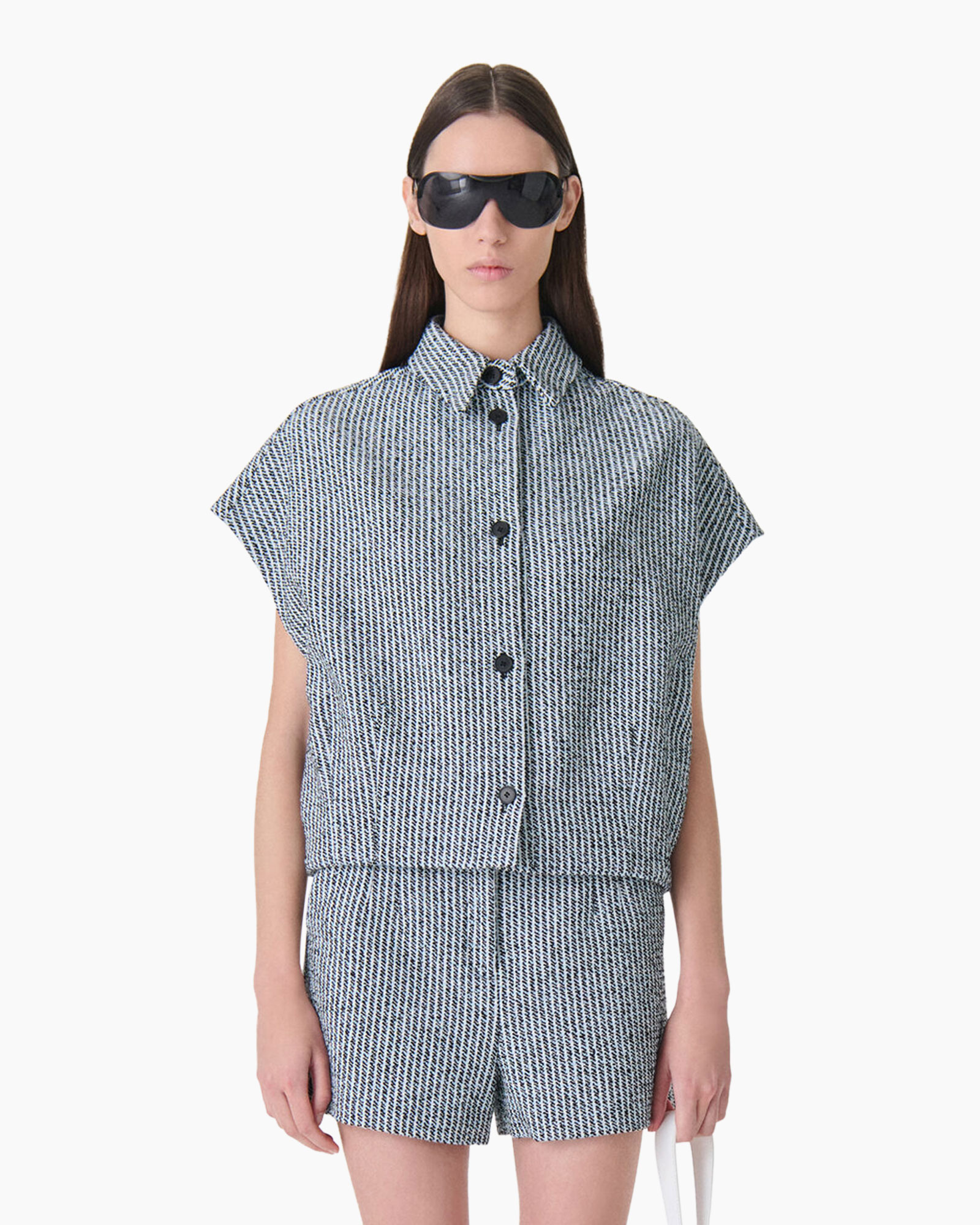 shorts, top, two-piece, patterned, sunglasses