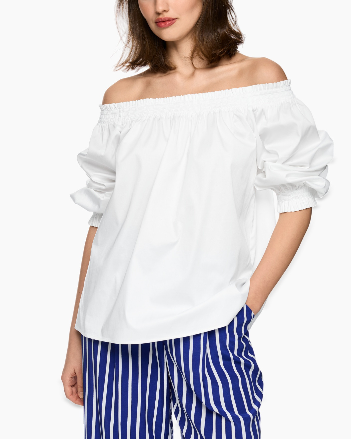 bovenzijdezij, witte-top, blouse, pofmouwen, katoen