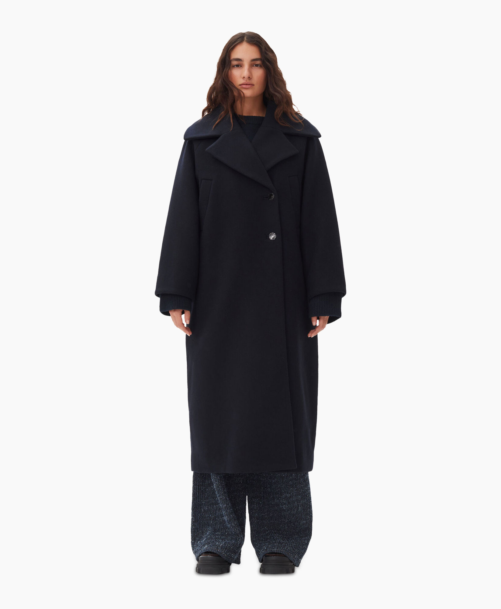 Mantel Boiled Wool Large Collar Donker Blauw