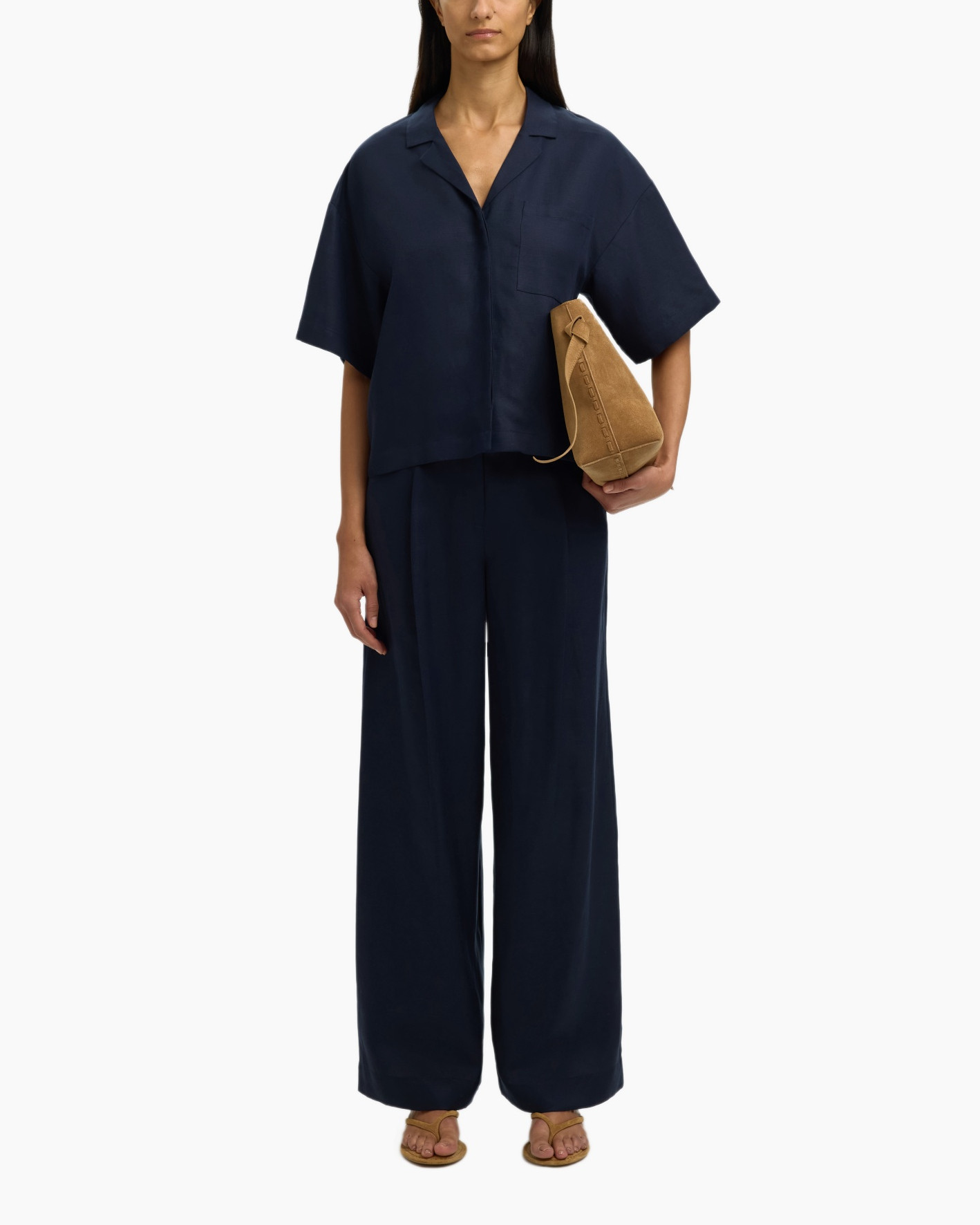 navy top, short sleeve, collared, pocket, wide leg pants