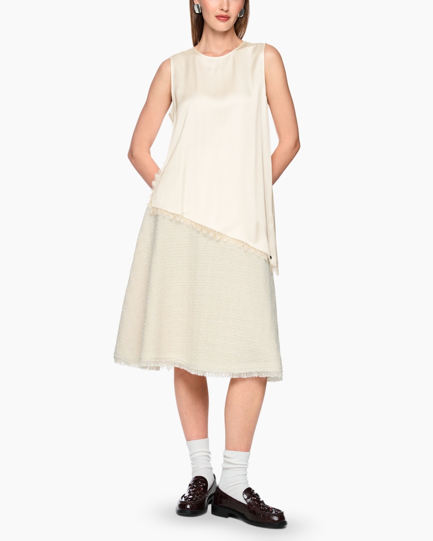 jurk, tweekleurig, asymmetrisch, mouwloos, fringe