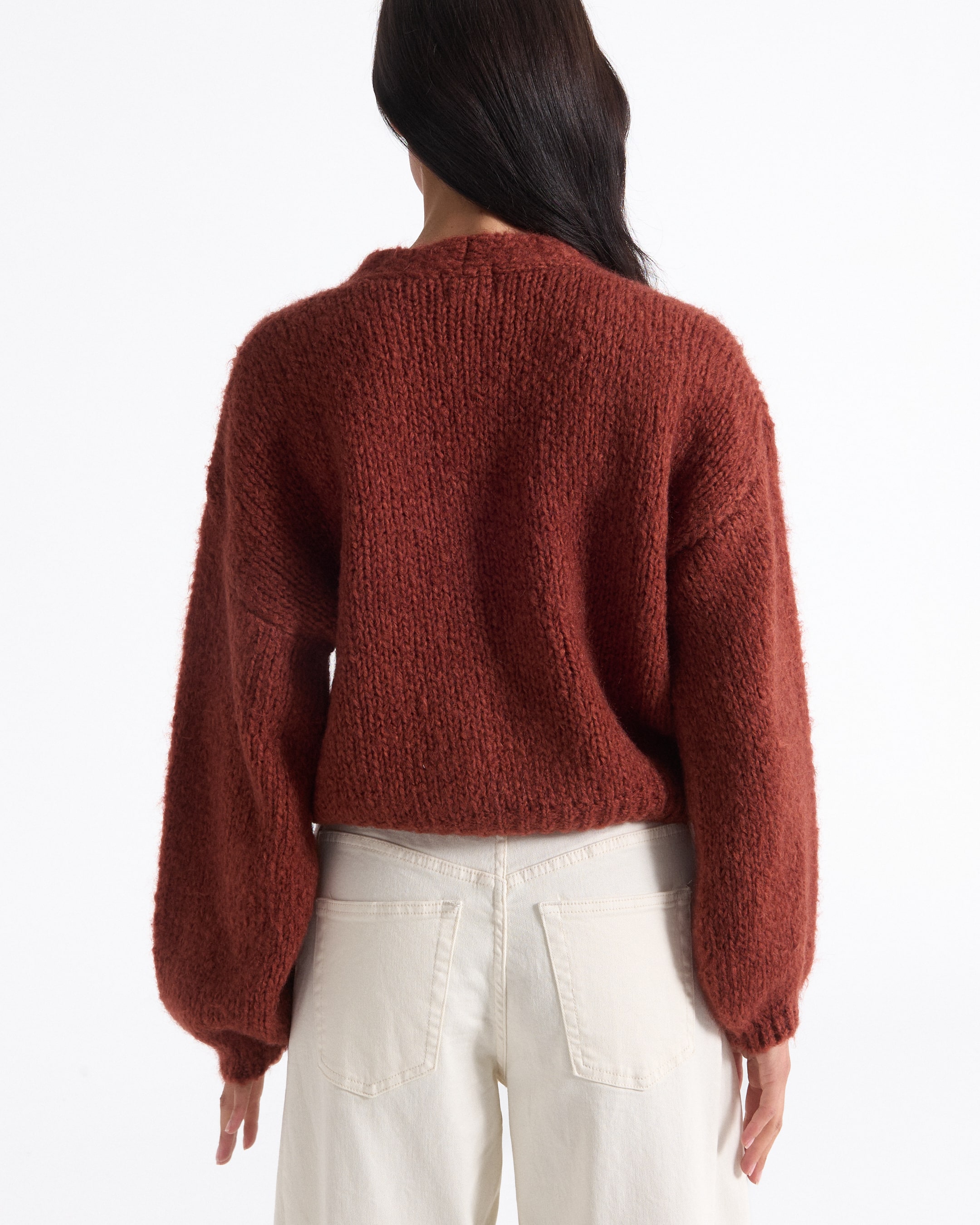 cardigan, breipull, roodbruin, korte lengte, bolle mouwen