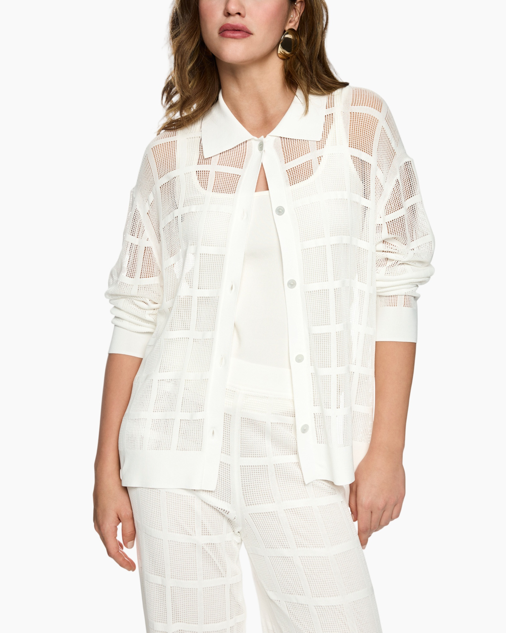white cardigan, mesh pattern, grid knit, collar shirt, loose fit