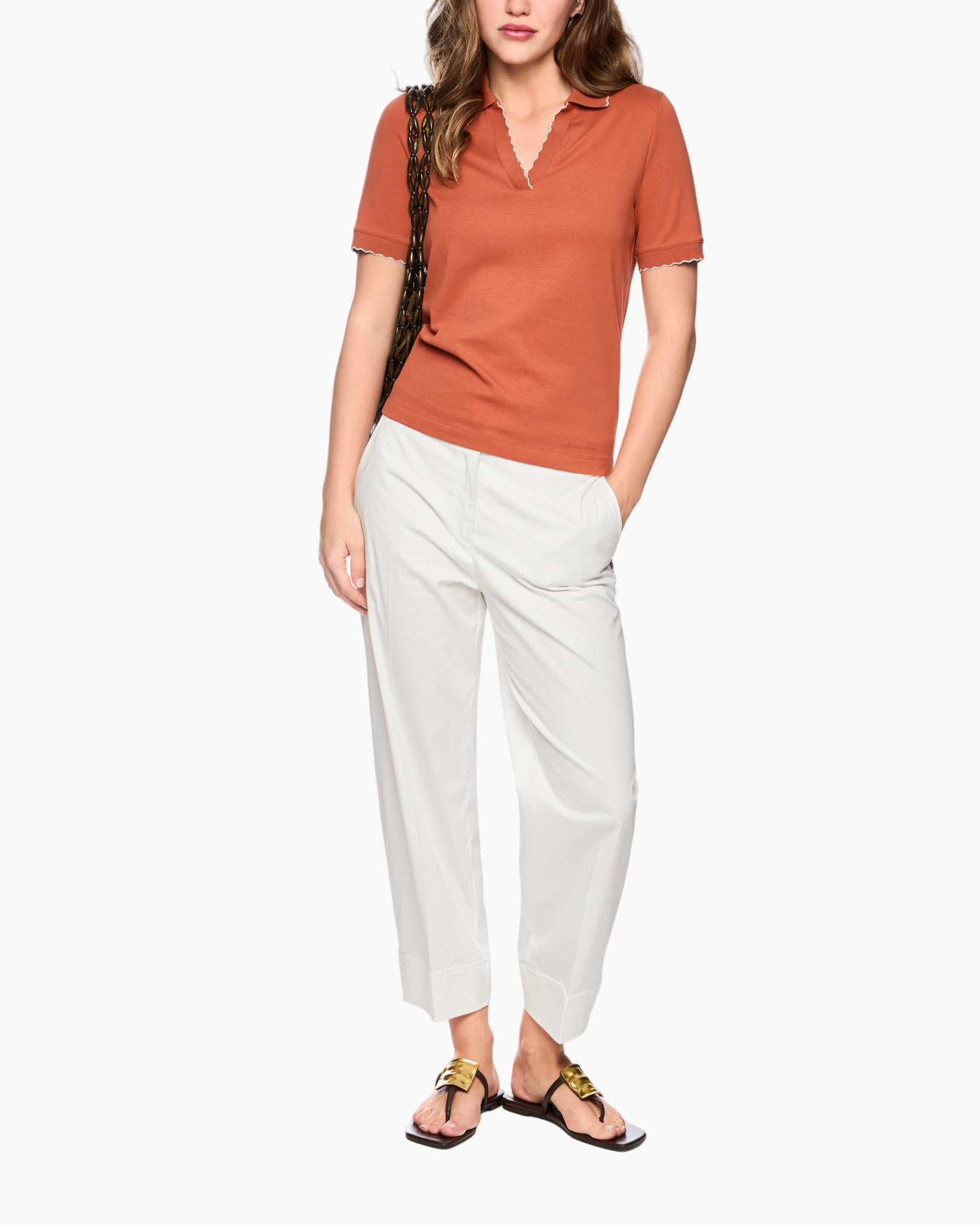 top, short sleeve, polo, rust color, pants with cuffs