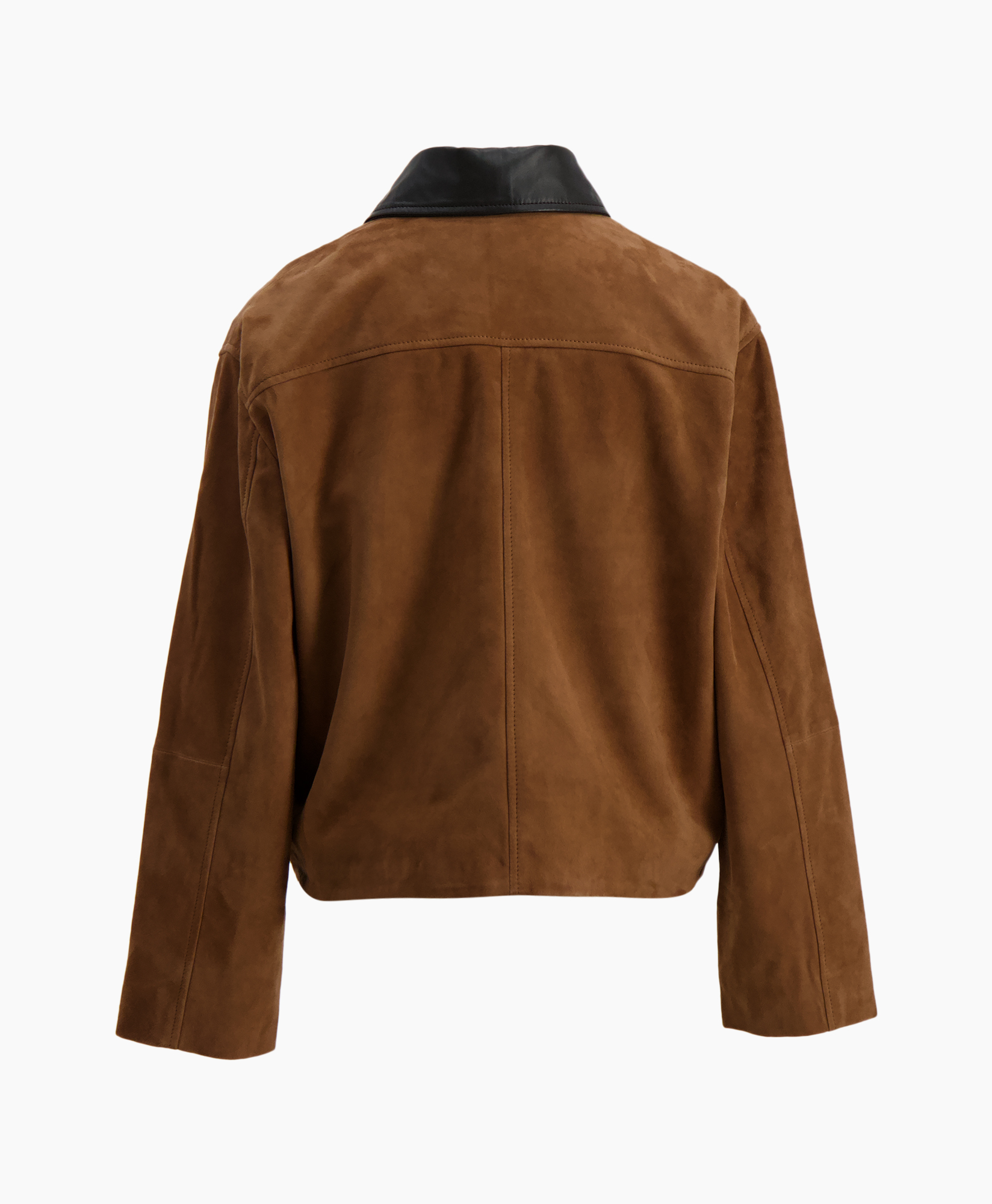 brown suede, bomber jacket, zip front, two pockets, collar