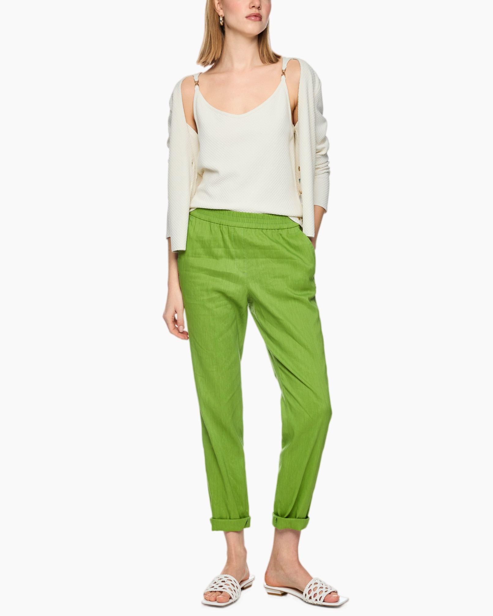 tank top, spaghetti straps, knit top, cream color, green pants, linen look, relaxed fit, slit cardigan not present